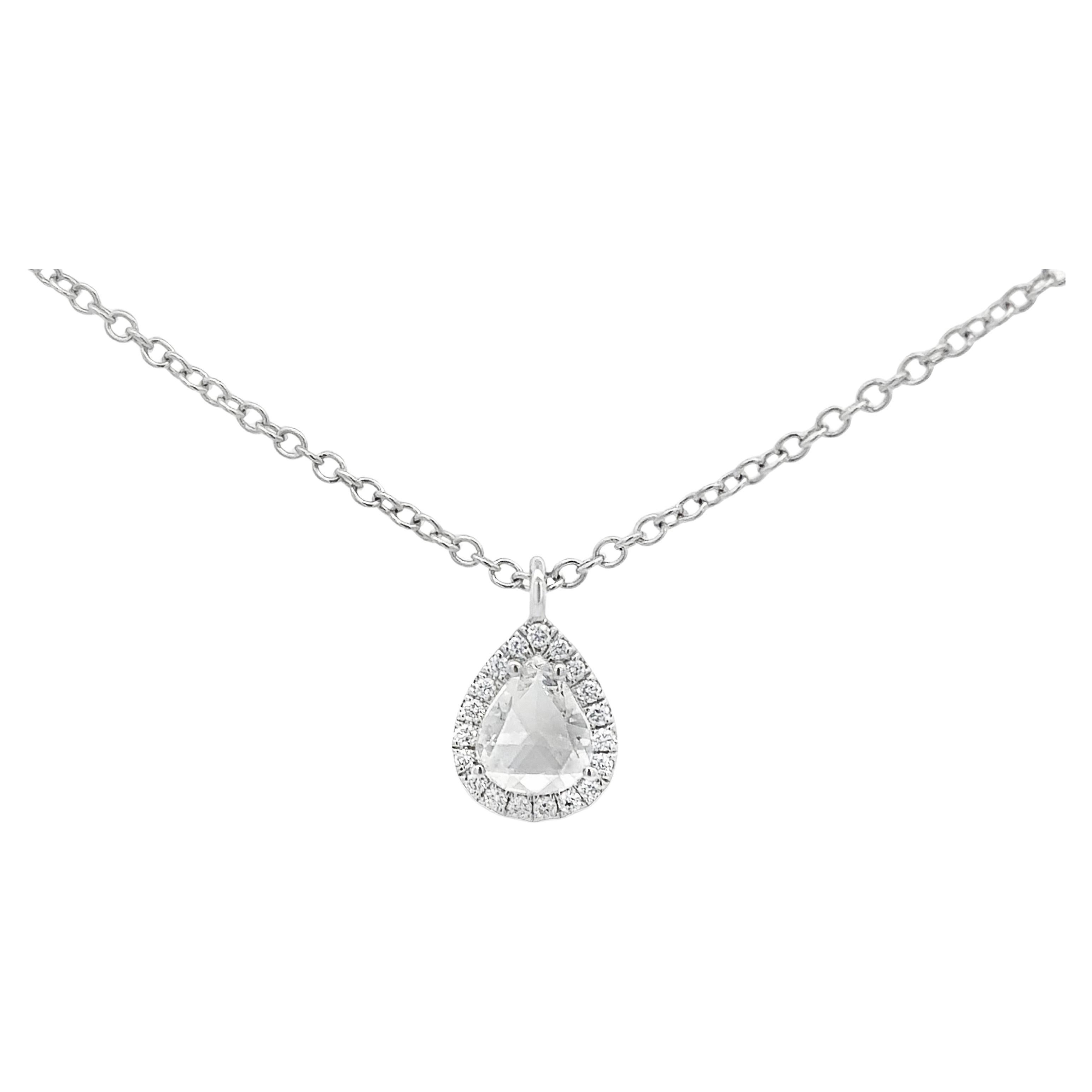 Roman Malakov 0.67 Carat Pear Shape Rose Cut Diamond Halo Pendant Necklace