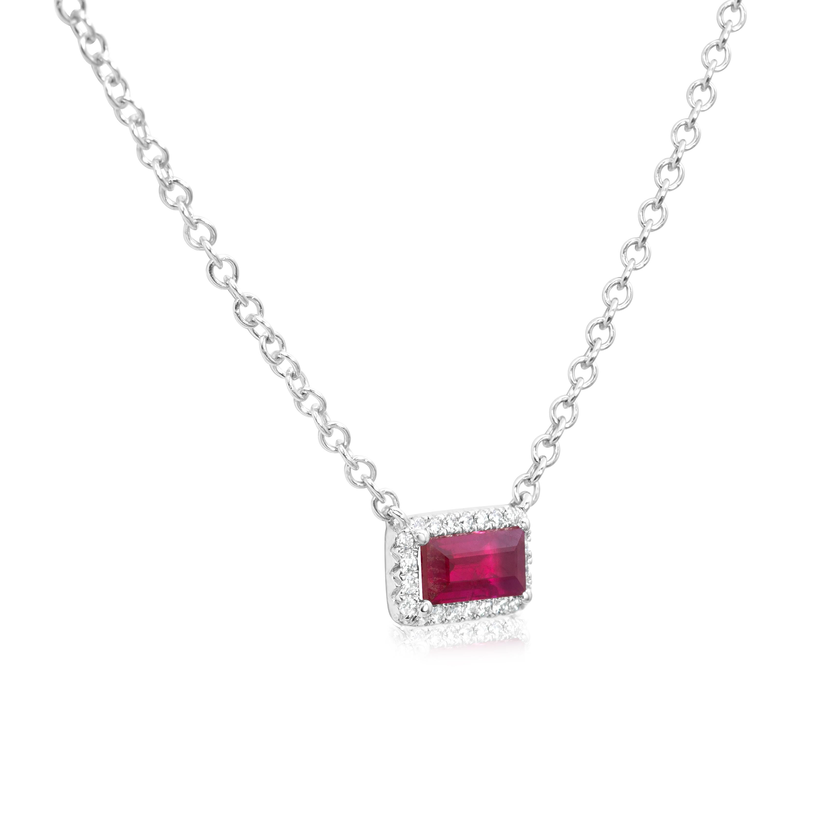 Contemporary Roman Malakov 0.67 Carat Rectangular Ruby & Diamond Halo Necklace in White Gold For Sale