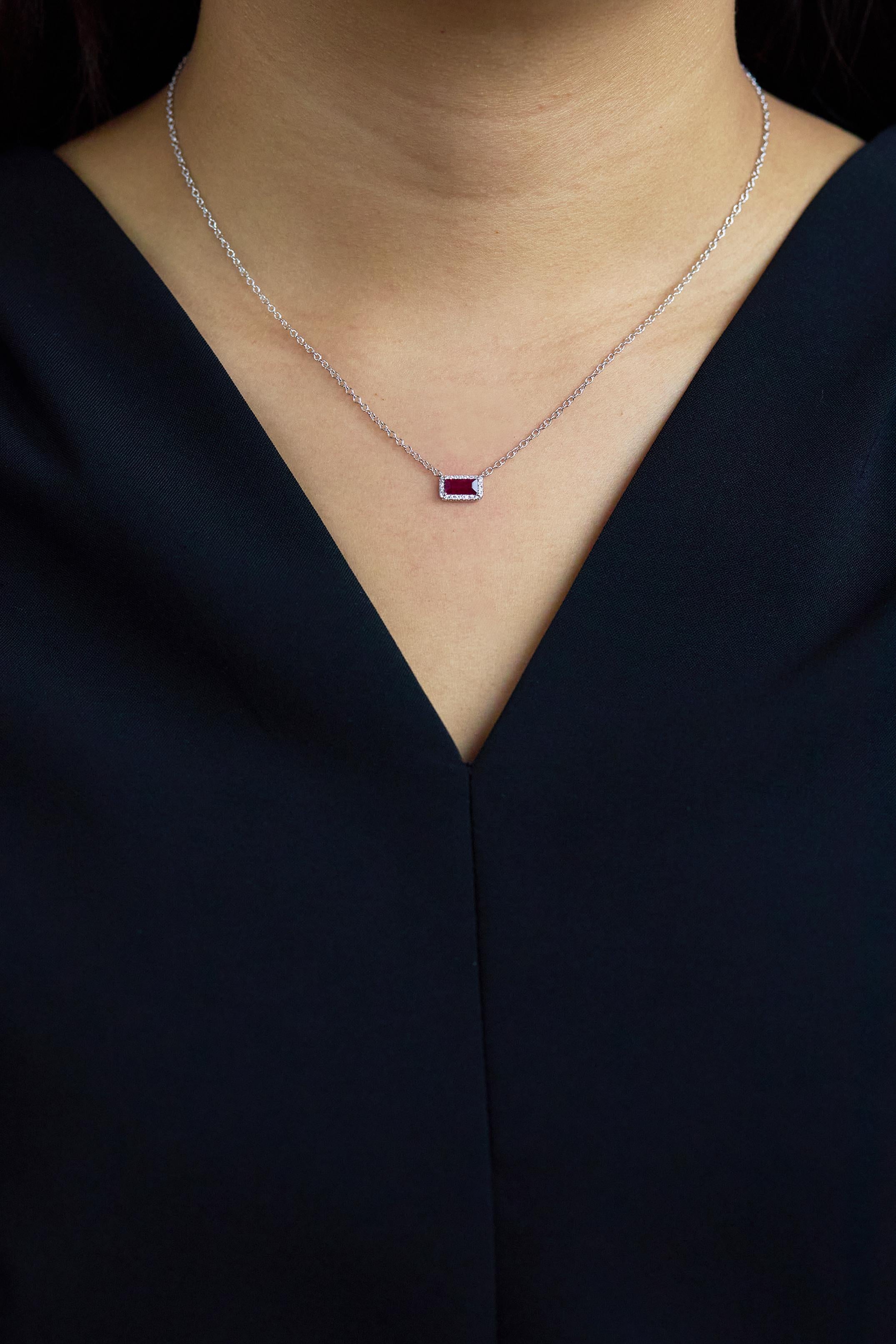 Mixed Cut Roman Malakov 0.67 Carat Rectangular Ruby & Diamond Halo Necklace in White Gold For Sale