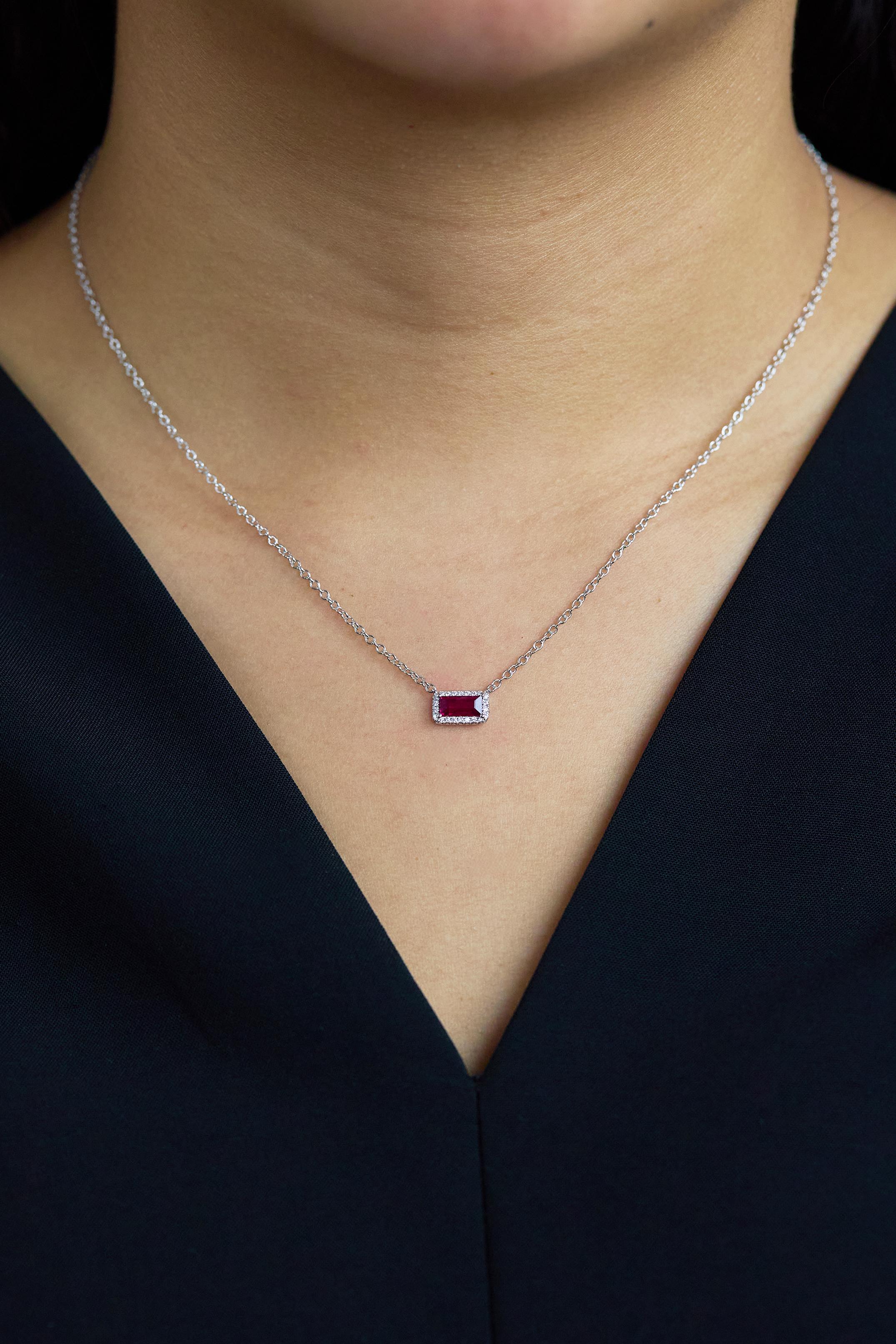 Women's Roman Malakov 0.67 Carat Rectangular Ruby & Diamond Halo Necklace in White Gold For Sale