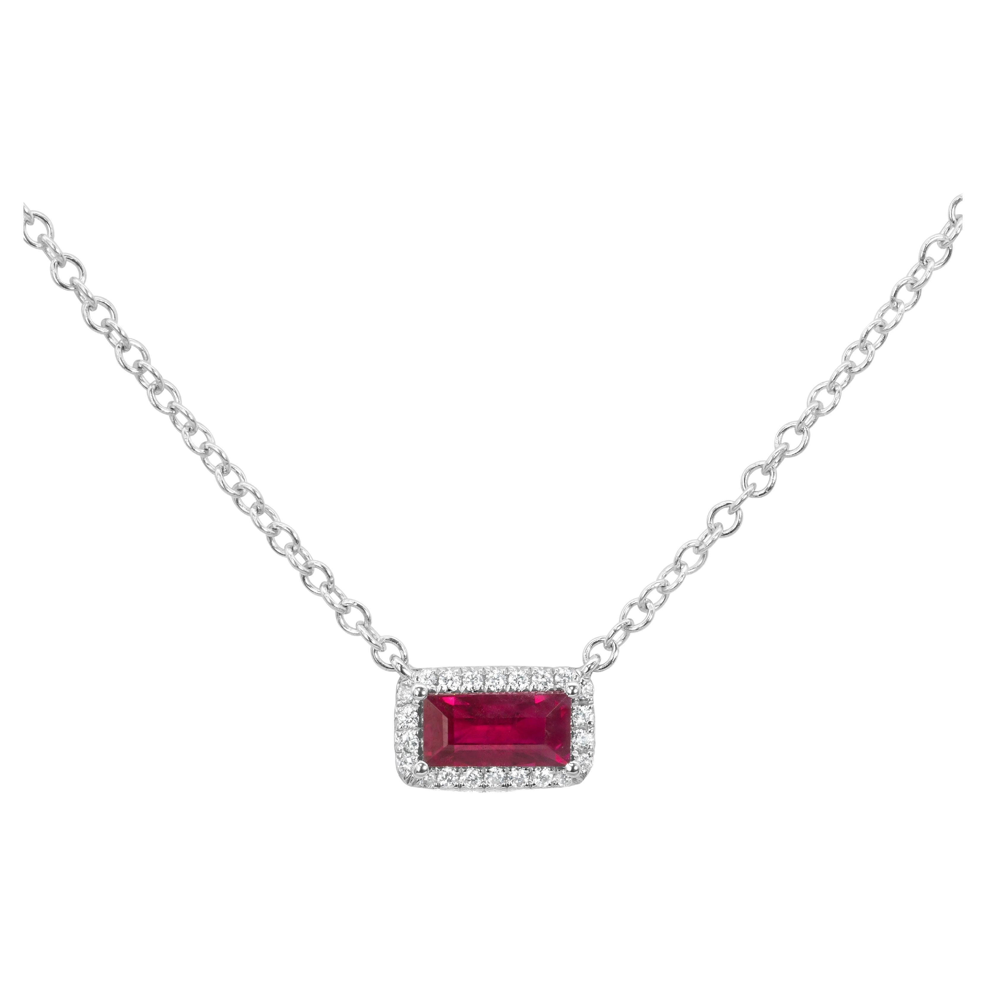 Roman Malakov 0.67 Carat Rectangular Ruby & Diamond Halo Necklace in White Gold