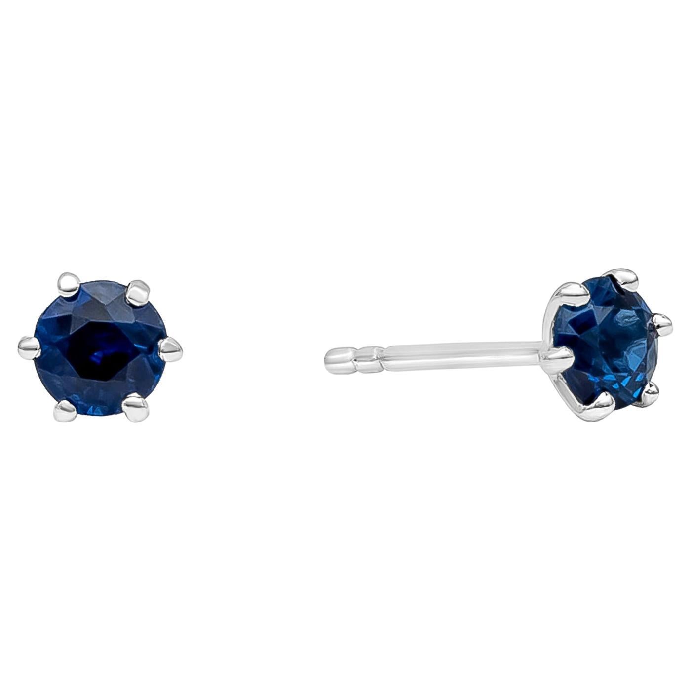Roman Malakov 0.67 Carat Total Round Blue Sapphires Six-Prong Stud Earrings For Sale