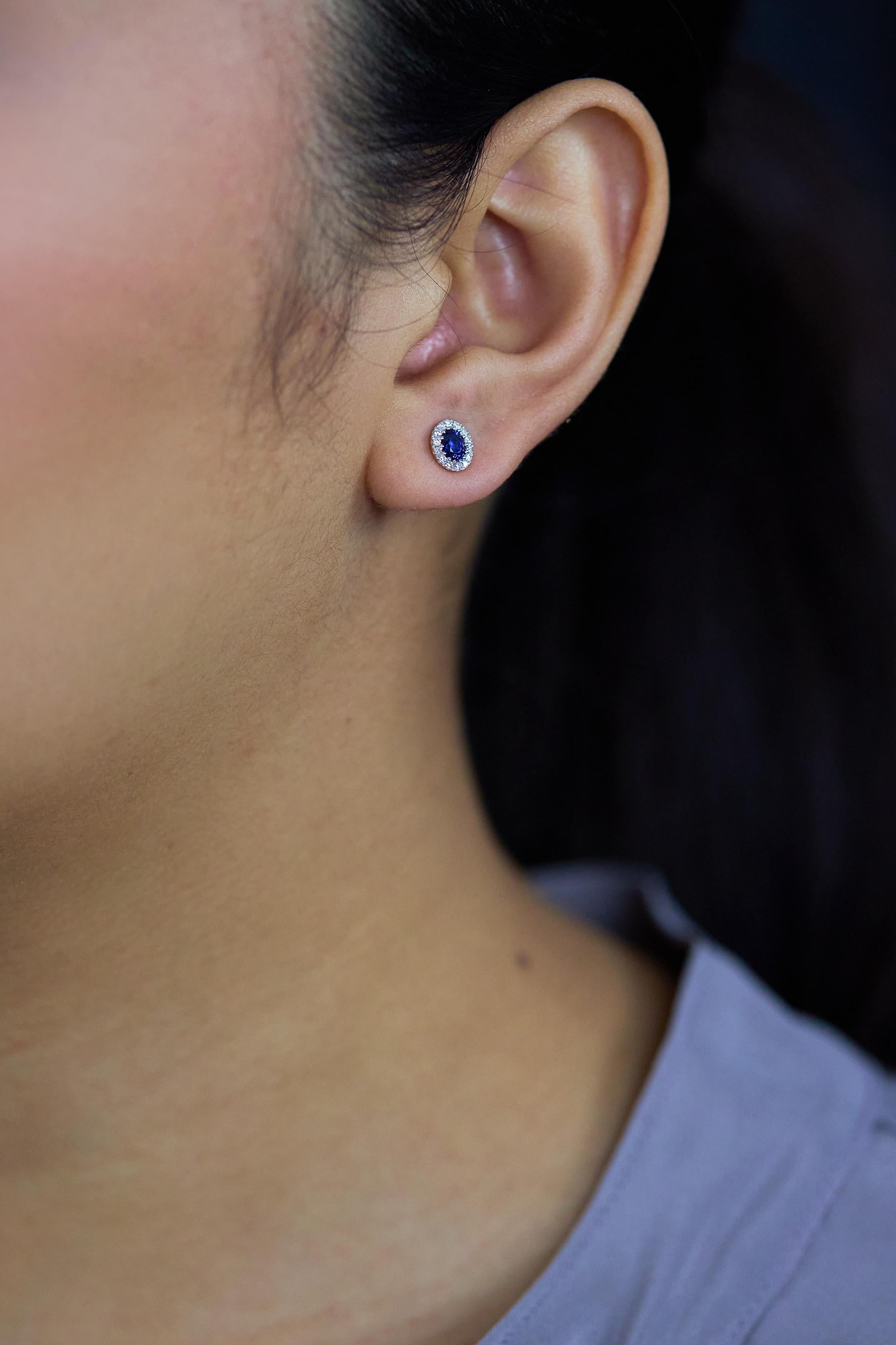 Roman Malakov 0.68 Carat Oval Cut Sapphire & Diamond Halo Stud Earrings For Sale 1