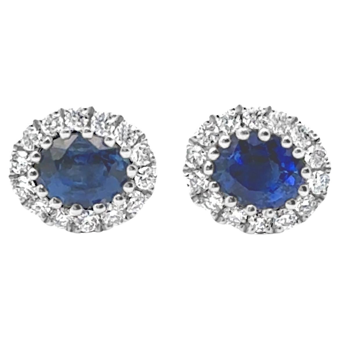 Roman Malakov 0.68 Carat Oval Cut Sapphire & Diamond Halo Stud Earrings