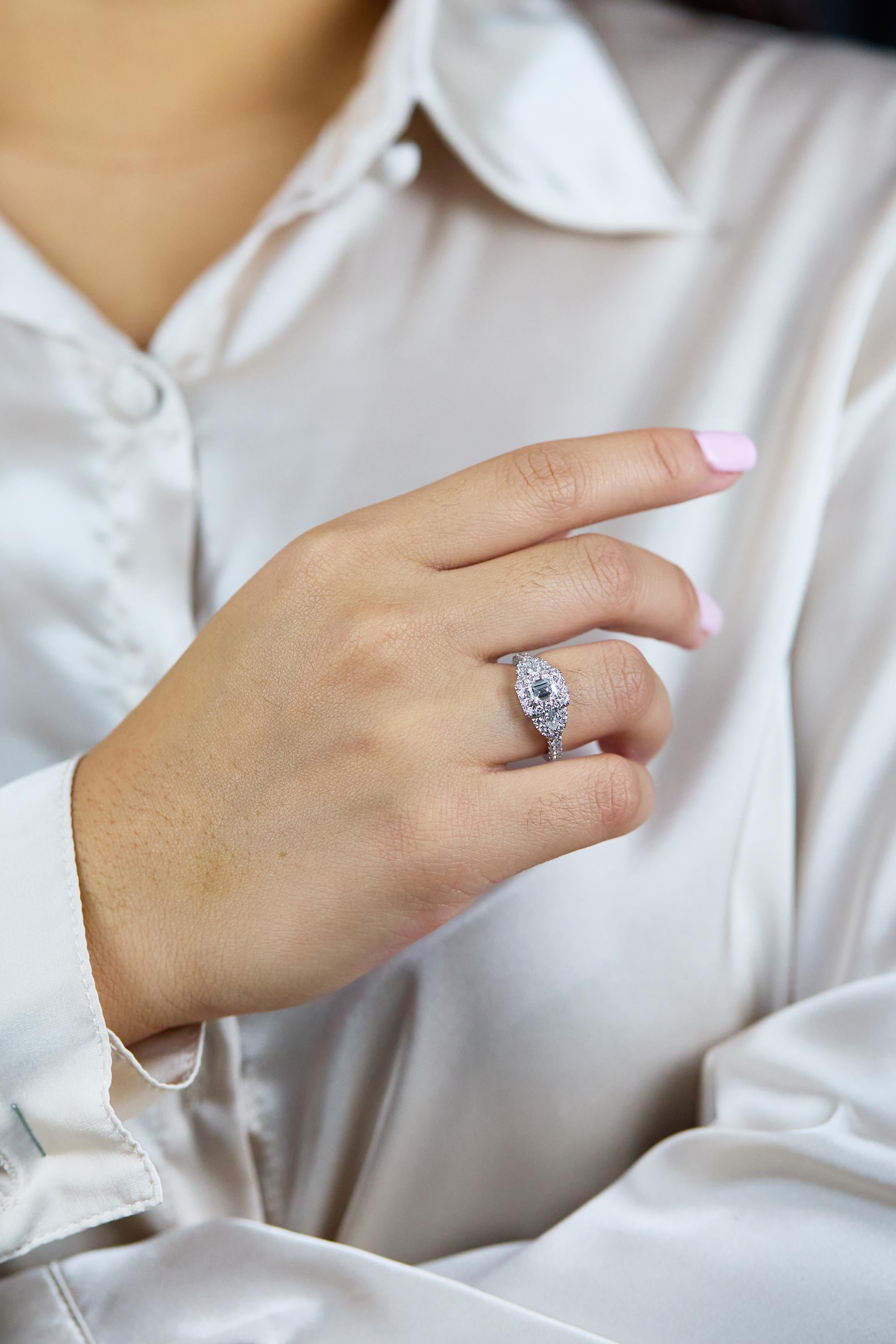 Contemporary Roman Malakov 0.71 Carat Emerald Cut Diamond Halo Engagement Ring in White Gold For Sale