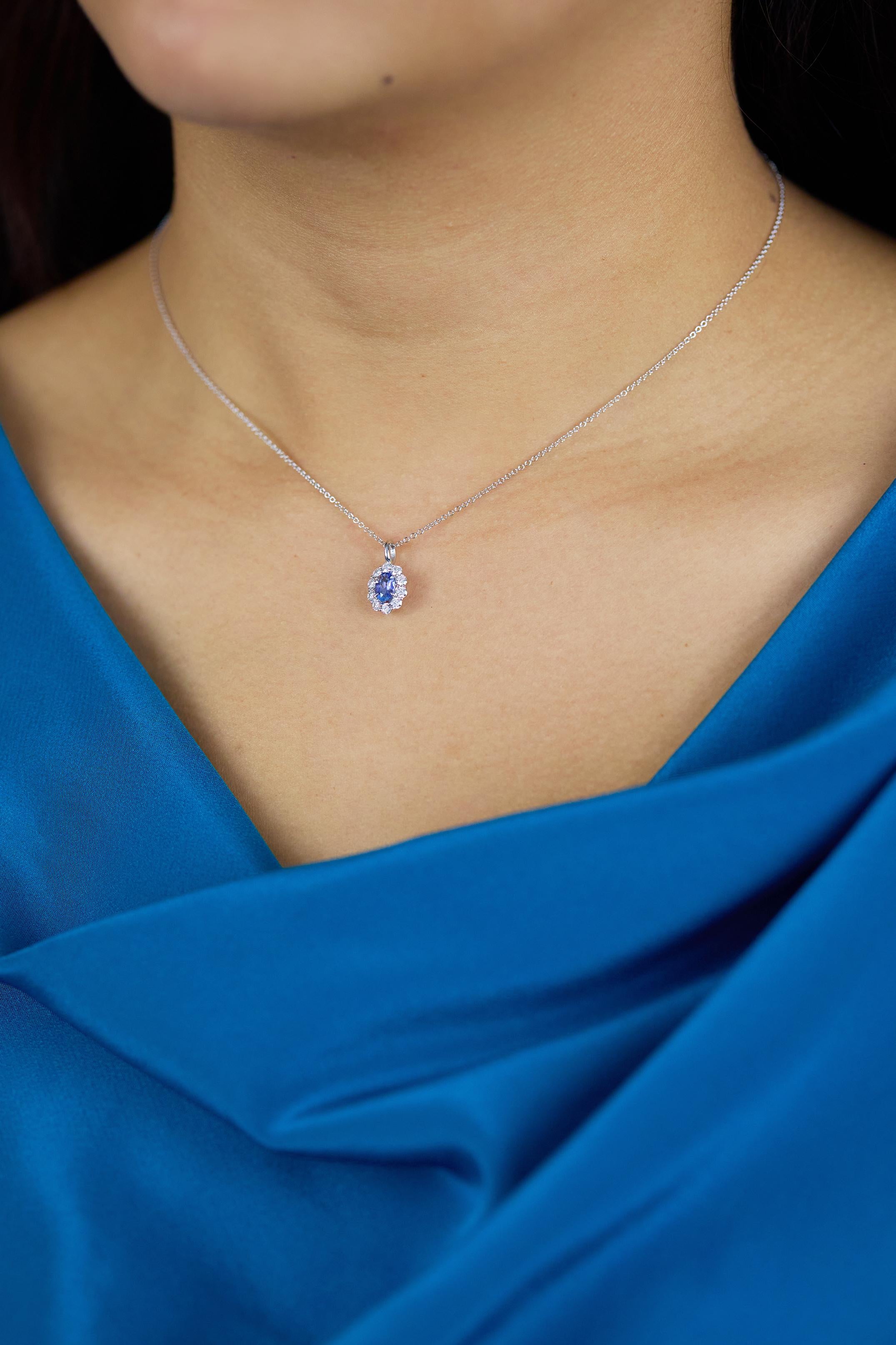 Roman Malakov 0.73 Carat Total Oval Cut Sapphire & Diamond Halo Pendant Necklace In New Condition For Sale In New York, NY