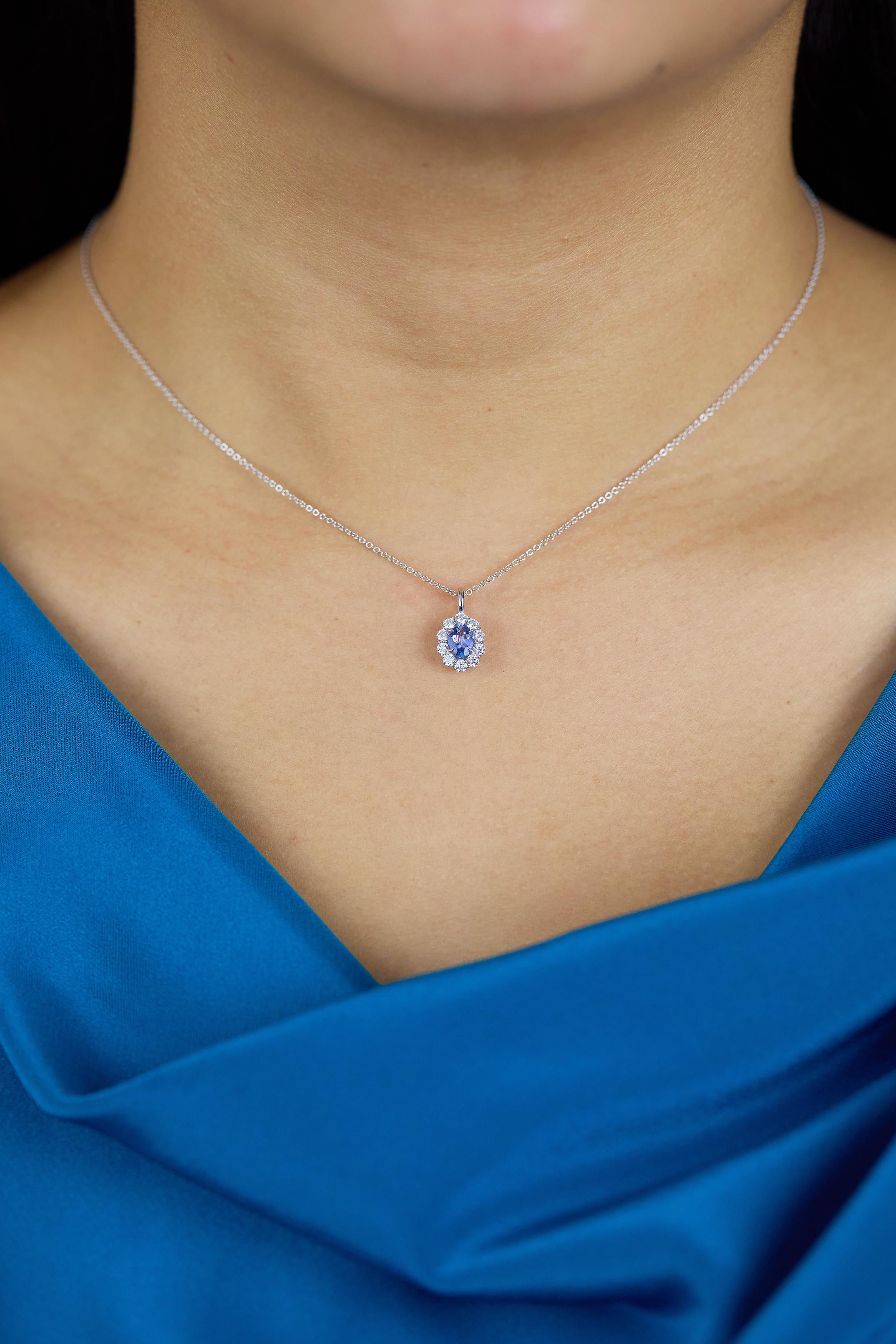 Contemporary Roman Malakov 0.73 Carat Total Oval Cut Sapphire & Diamond Halo Pendant Necklace For Sale