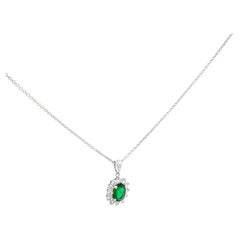Roman Malakov 0.74 Carat Oval Cut Emerald & Diamond Halo Pendant Necklace