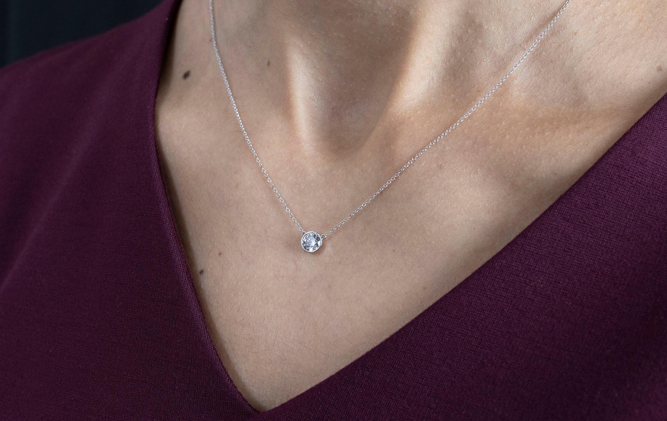 Contemporary Roman Malakov 0.74 Carat Round Diamond Bezel Solitaire Pendant Necklace For Sale