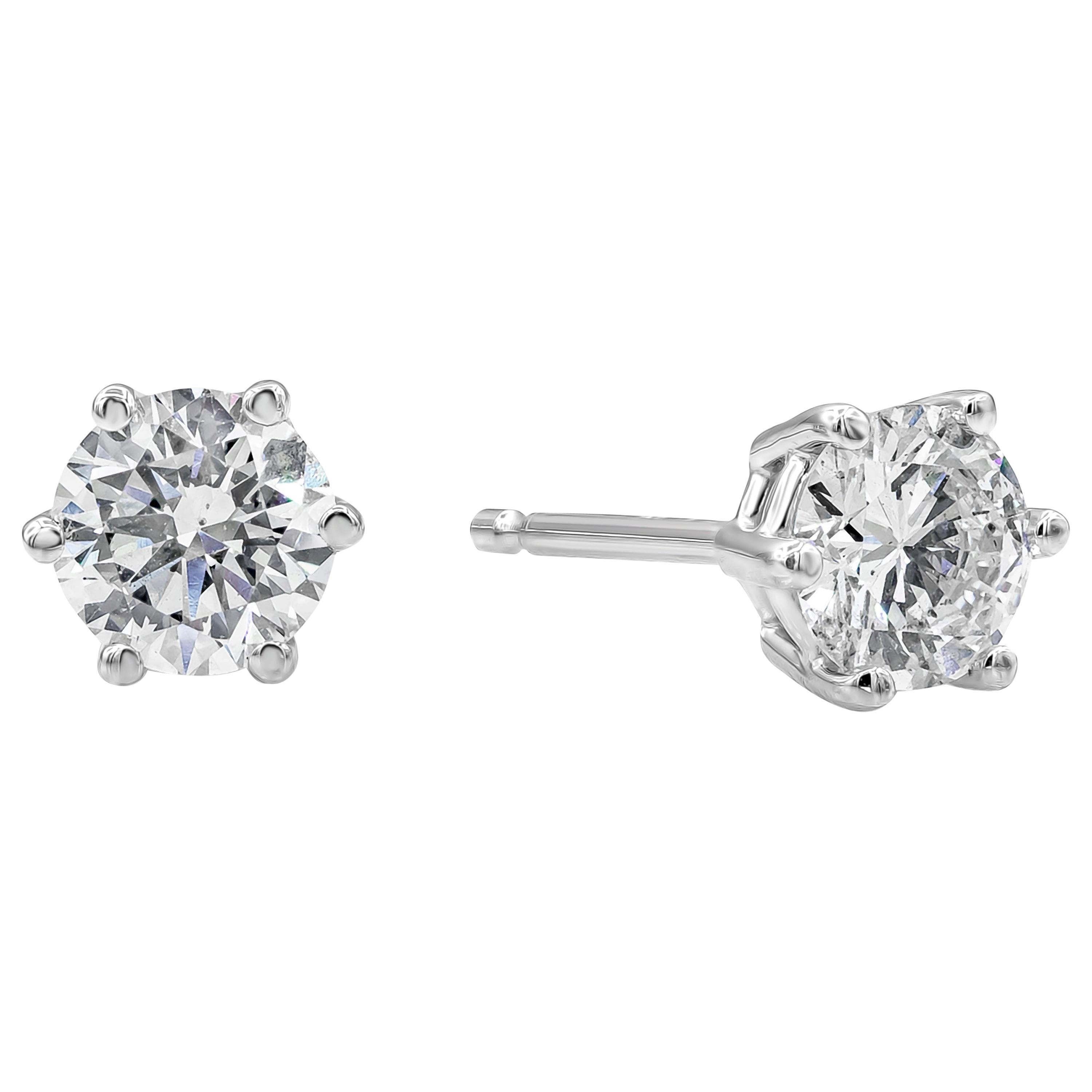 A timeless stud earring design to compliment any style. Showcasing 2 round brilliant diamonds weighing 0.75 carats total F Color and Si2 in Clarity. Set in a classic six  prong basket setting, Finely made in 14K White Gold.

Style available in