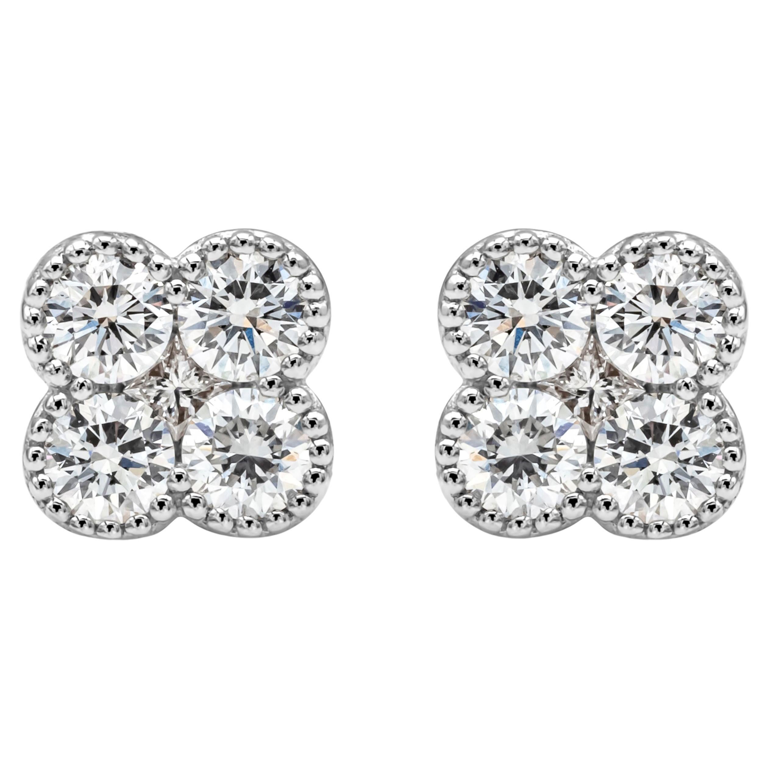 Roman Malakov 0.75 Carats Total Brilliant Round Cut Diamond Clover Stud Earrings For Sale