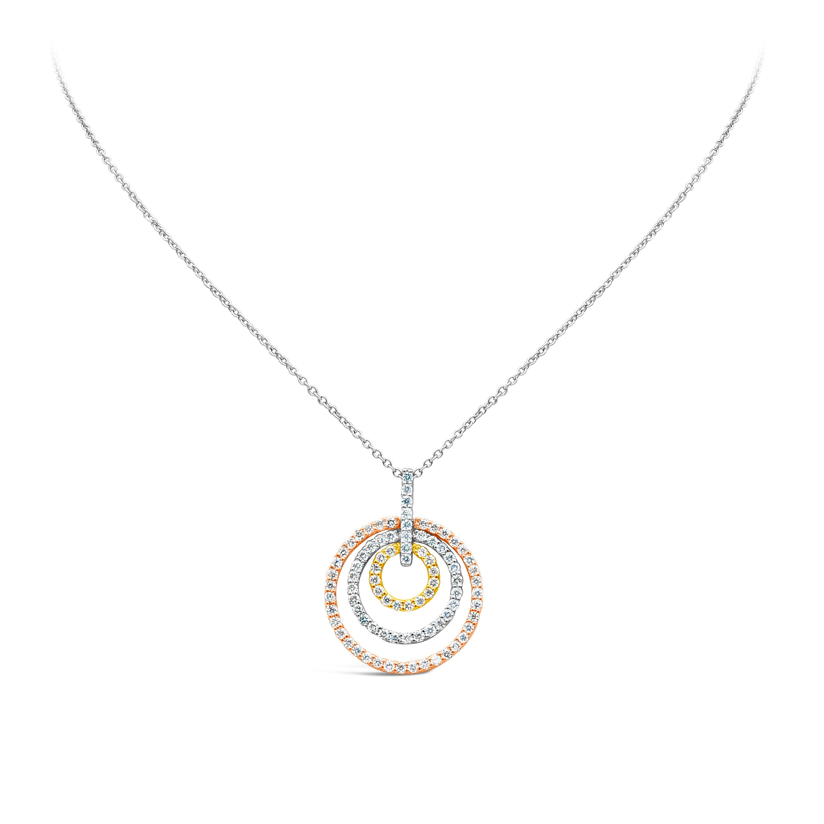 A chic and exquisite triple loop pendant necklace showcasing 0.77 carat total, embellished by 85 pieces of brilliant round diamonds. Set in a open-work circular design, F-G  color and VS-SI in clarity. Finely made with 18k white gold, yellow gold