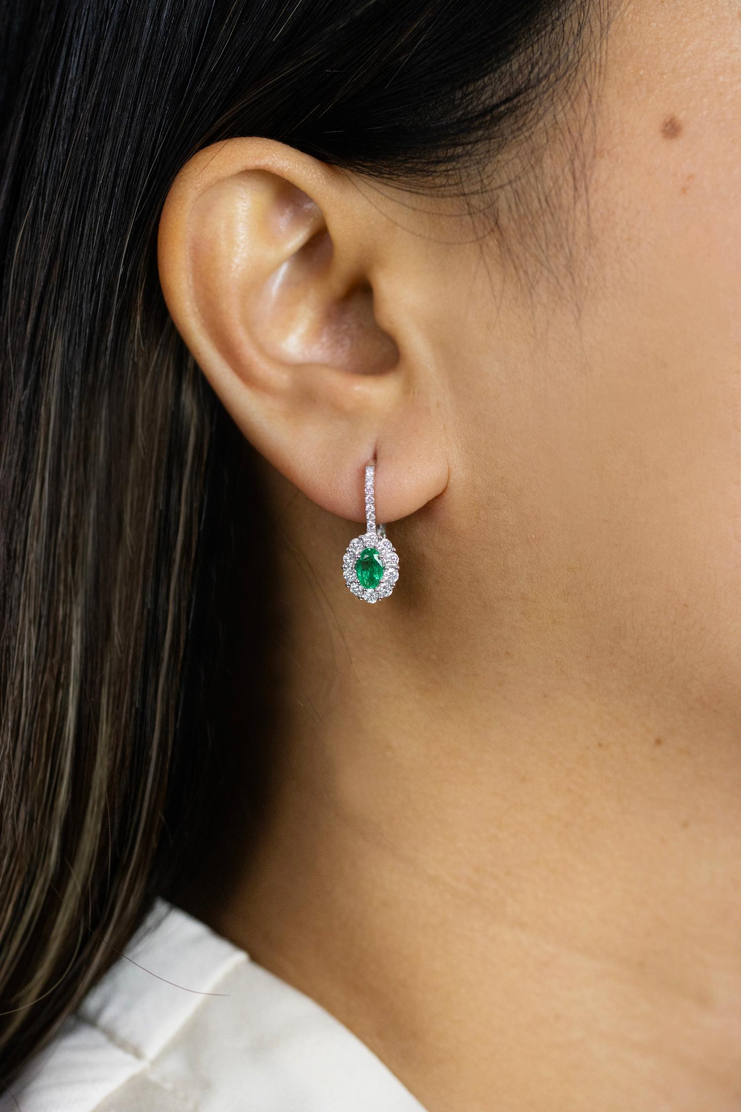 Roman Malakov 0.78 Carat Oval Cut Emerald and Diamond Halo Lever-Back Earrings For Sale 1