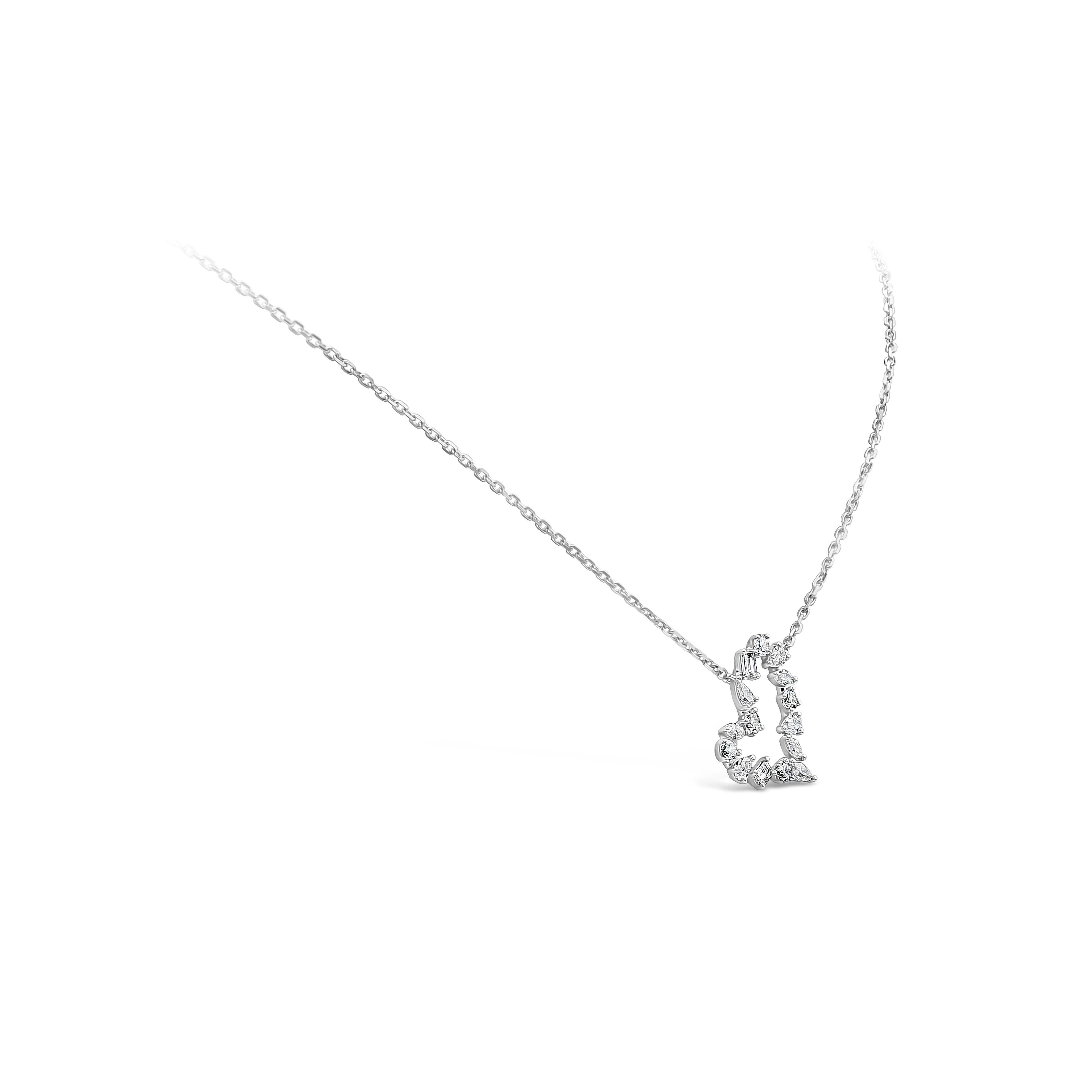 A unique open-work pendant necklace showcasing a row of fancy cut diamonds, arranged in a chic heart shape design. Diamonds weigh 0.79 carats total and are approximately F-G color, VS-SI in clarity. Suspended on an 18 inch adjustable white gold