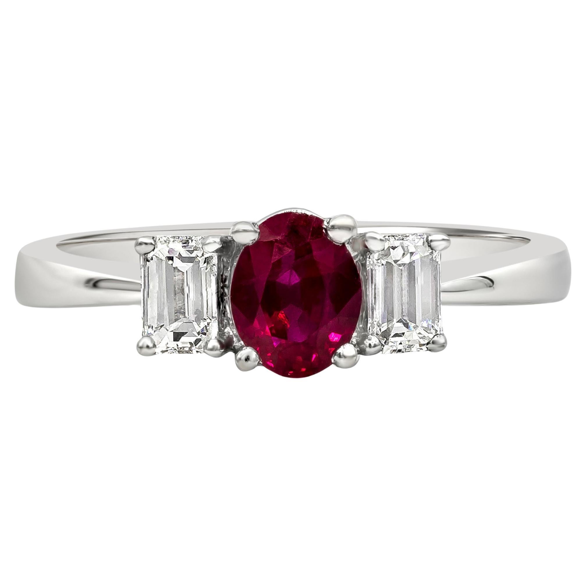 Roman Malakov 0.79 Carats Total Ruby and Diamonds Three Stone Engagement Ring For Sale