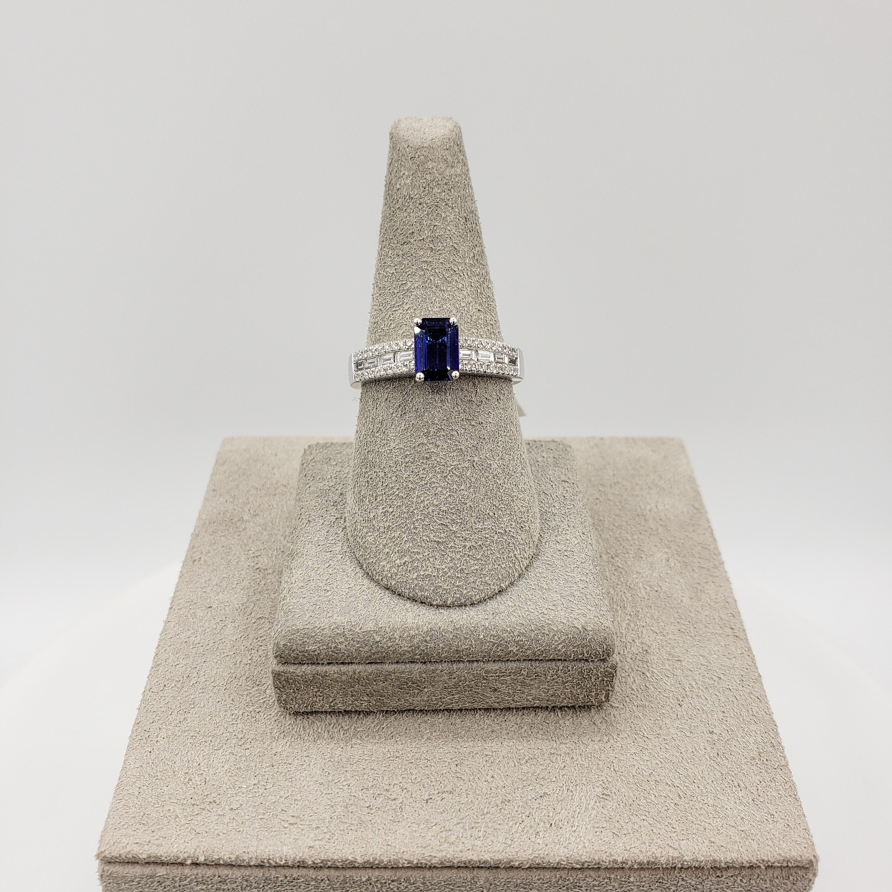 Emerald Cut Roman Malakov 0.80 Carat Blue Sapphire and Diamond Pave Engagement Ring For Sale