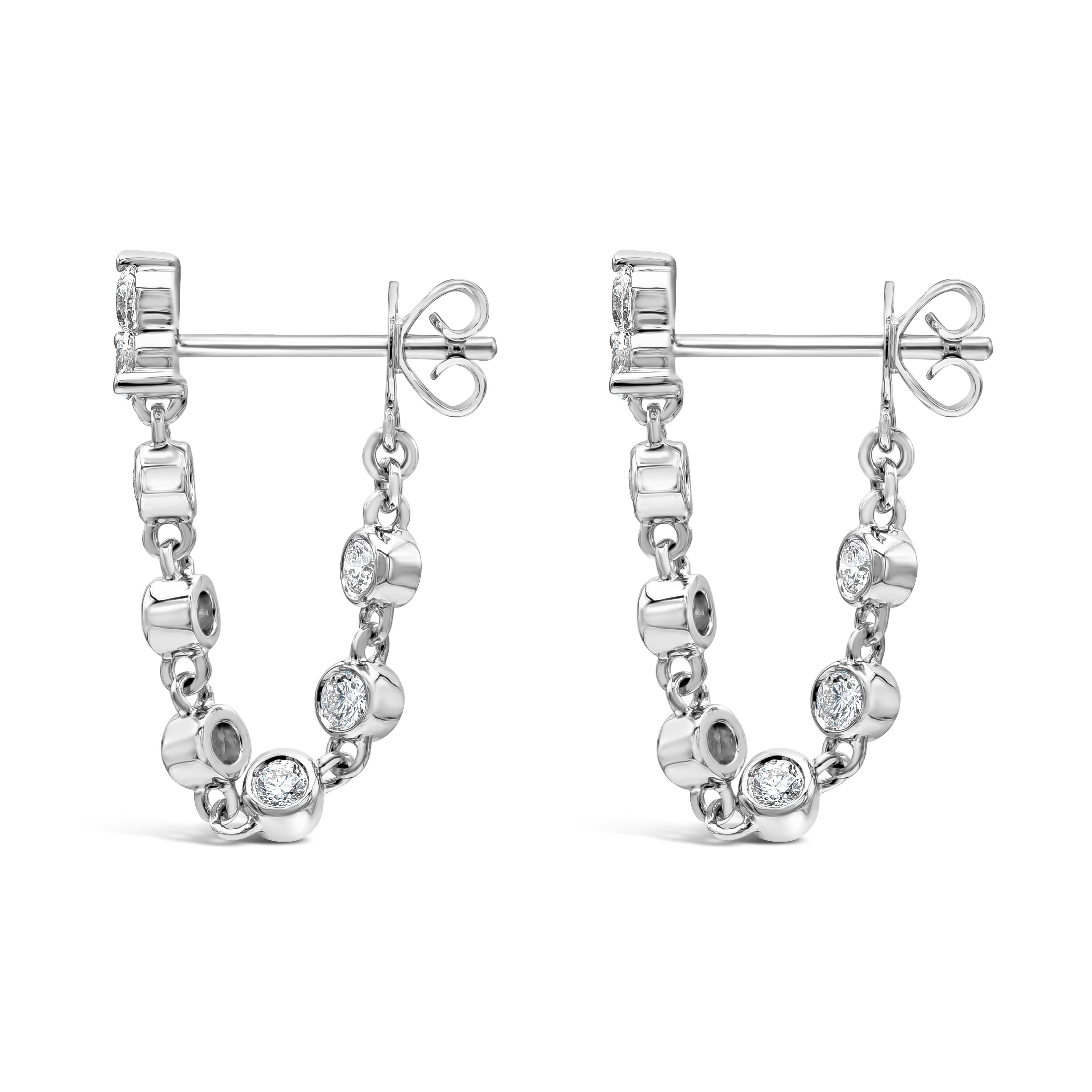 Contemporary Roman Malakov 0.80 Carat Total Round Diamond Dangle Hoop Earrings For Sale