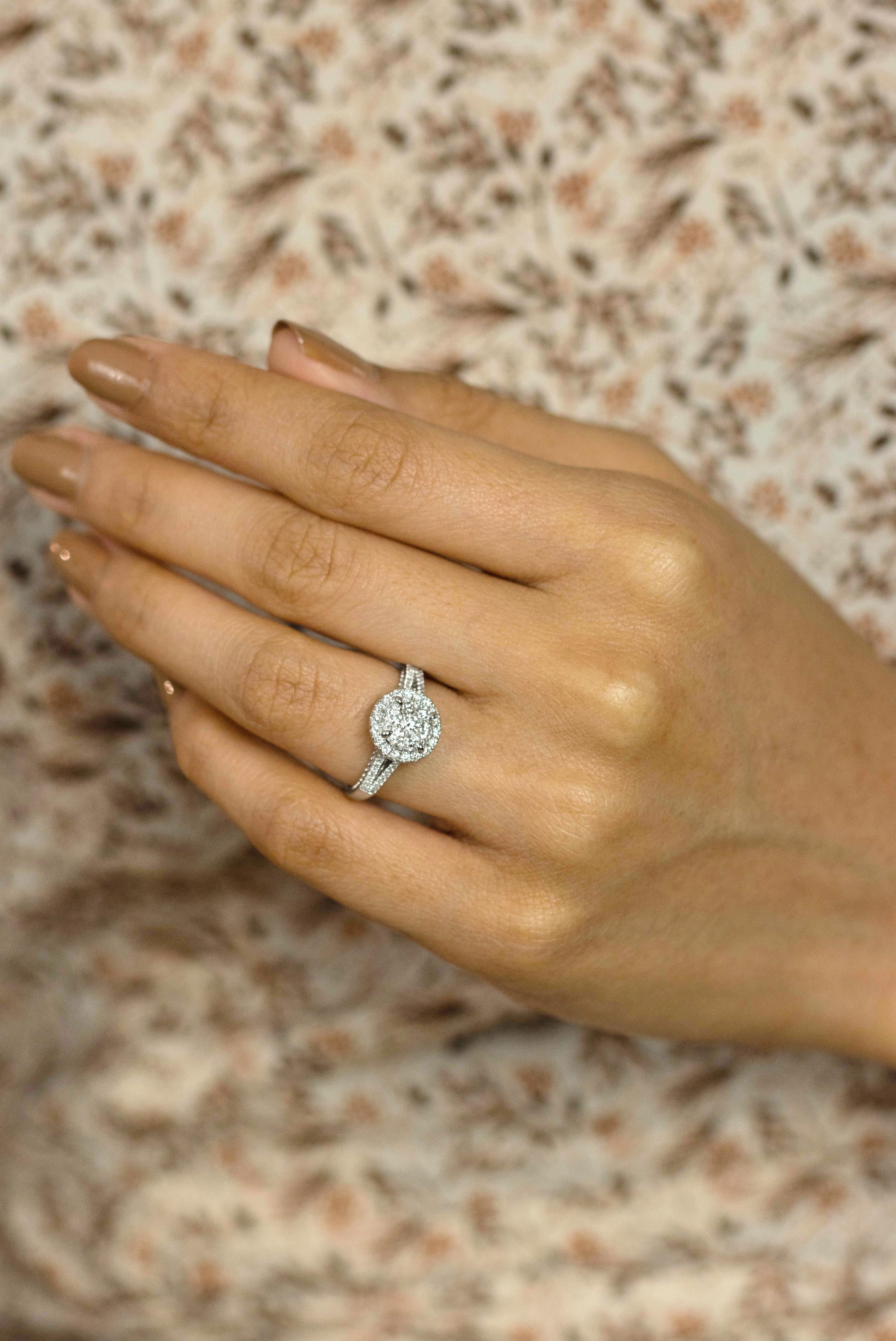 Women's Roman Malakov 0.82 Carats Brilliant Round Cut Cluster Diamond Engagement Ring For Sale