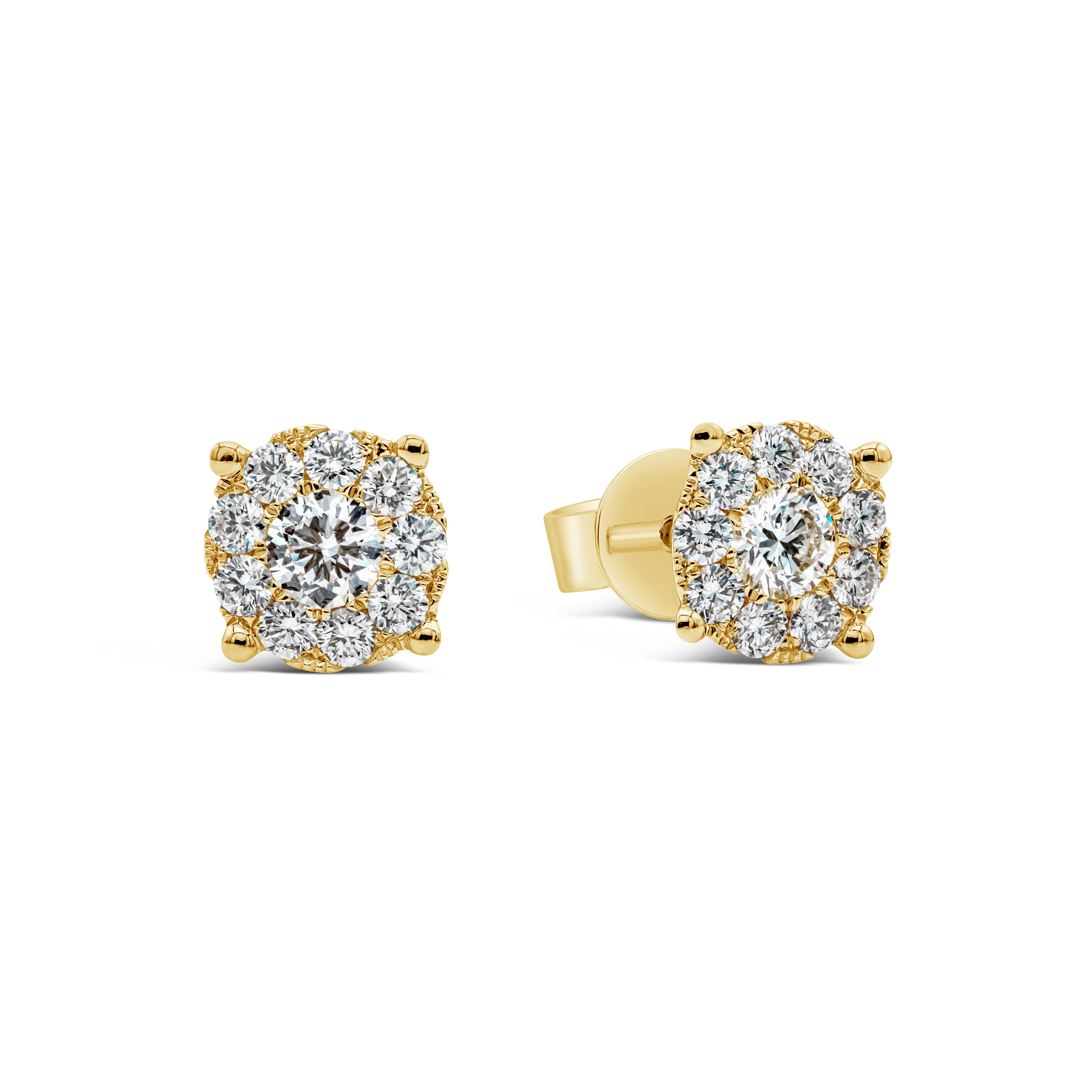 A classic pair of stud earrings showcasing a cluster of 20 round brilliant diamonds set in an 18k yellow gold mounting. Diamonds weigh 0.83 carats total and are approximately FG color, VS/SI clarity. 

Style available in different price ranges.