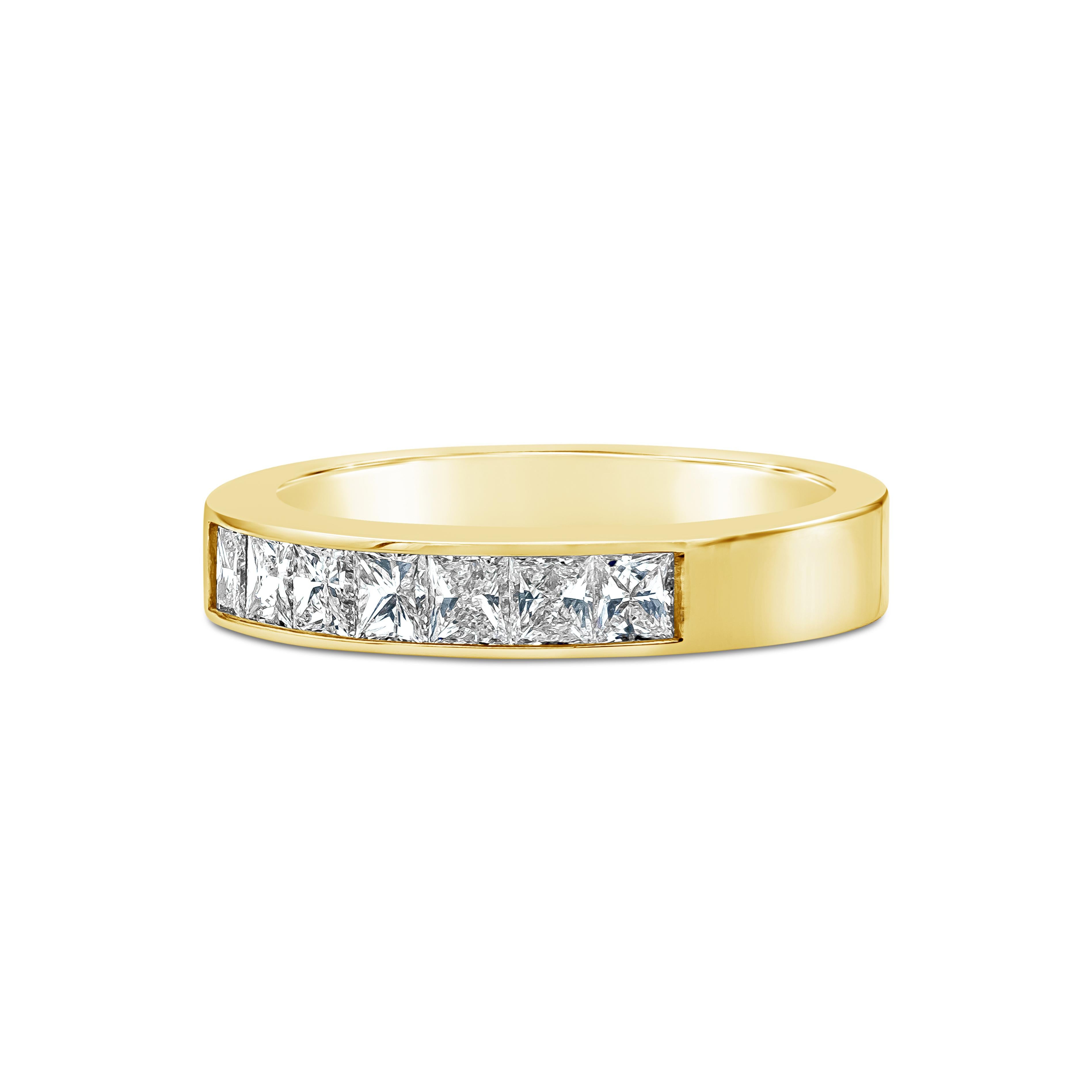 A modern wedding band showcasing 7 princess cut diamonds weighing 0.83 carats total. Set in a channel style setting. Made with 18K Yellow Gold. Size 6.5 US.

Roman Malakov is a custom house, specializing in creating anything you can imagine. If you