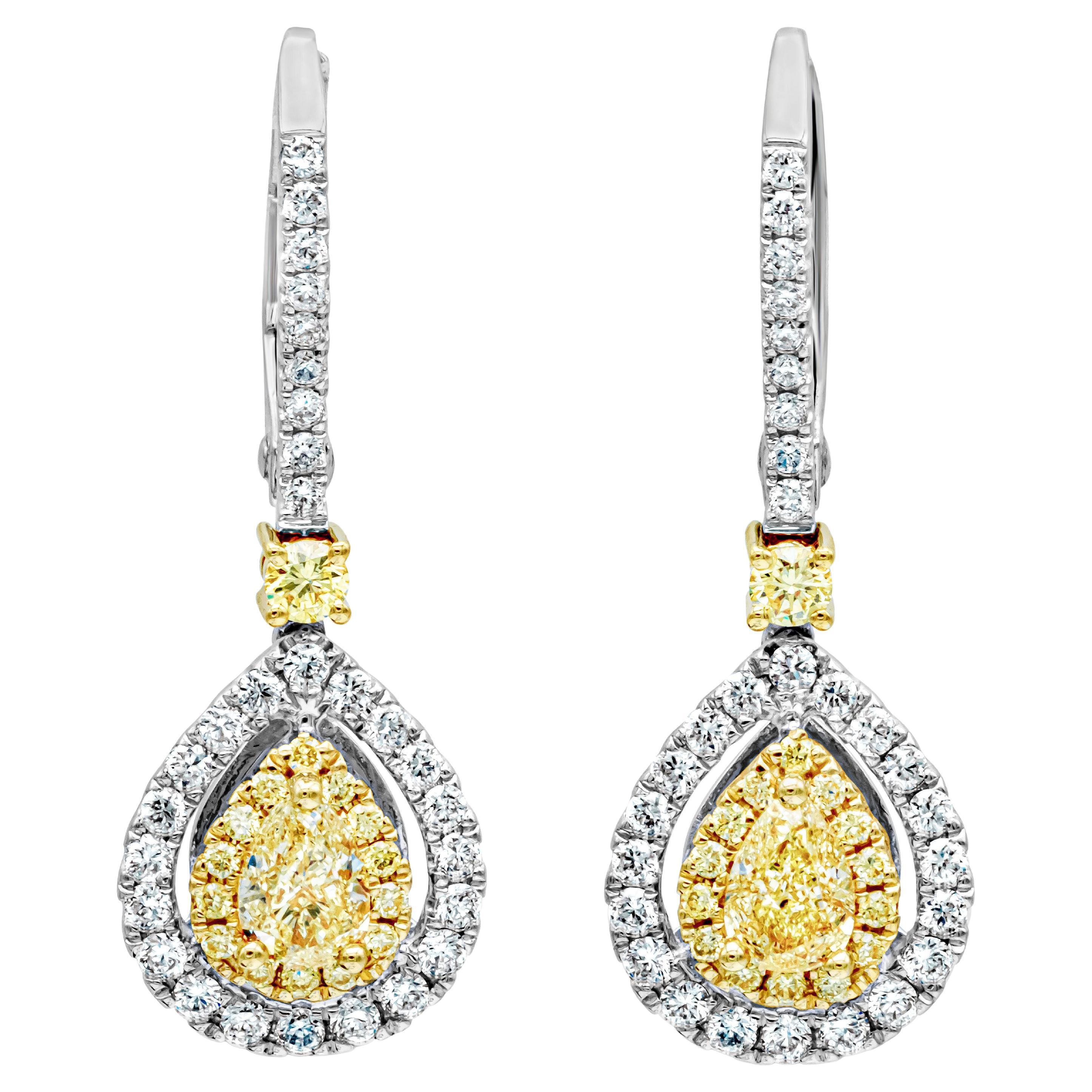 Roman Malakov 0.84 Carats Total Pear Shape Fancy Yellow Diamond Dangle Earrings For Sale