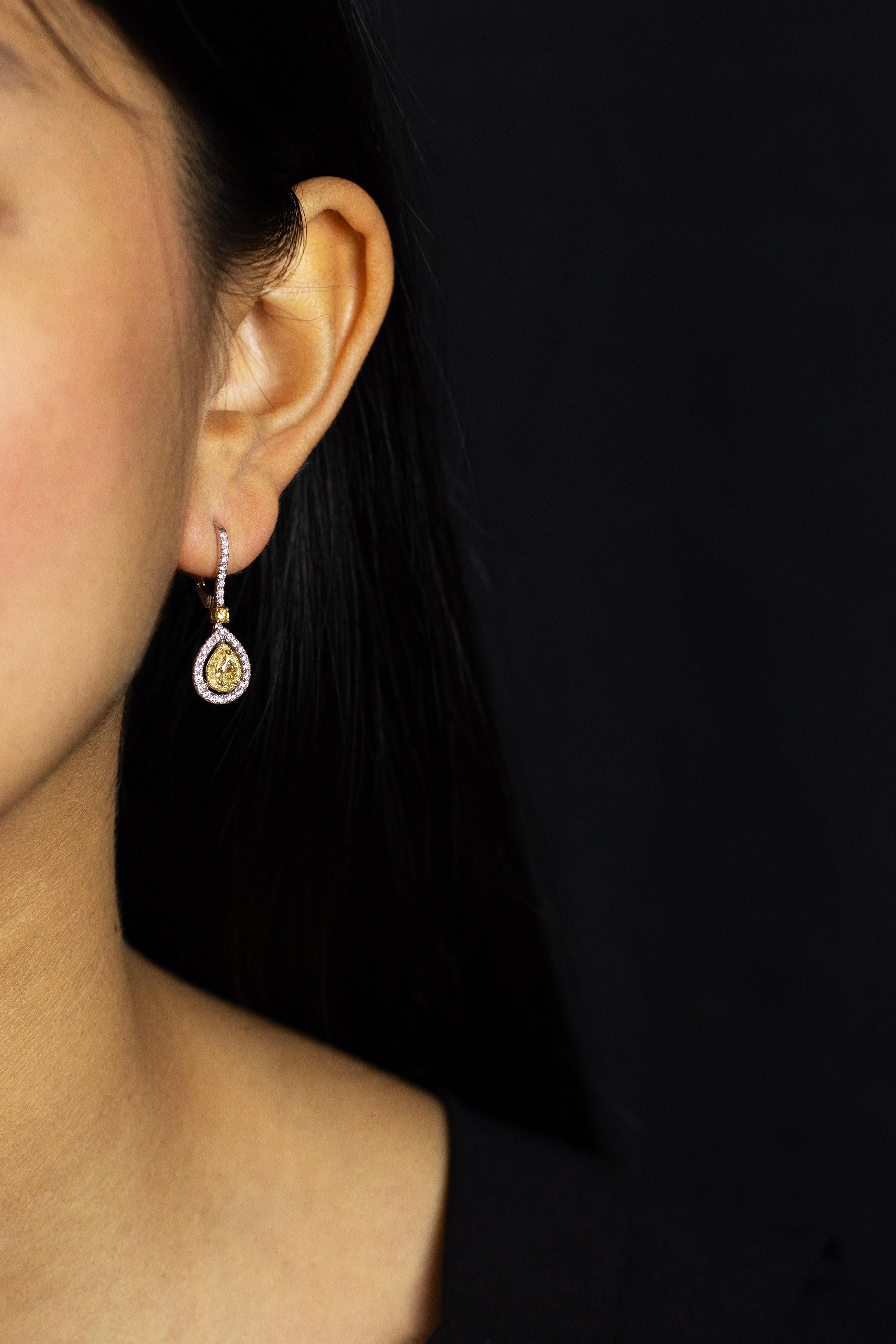 Contemporary Roman Malakov 0.84 Carats Total Pear Shape Fancy Yellow Diamond Dangle Earrings For Sale
