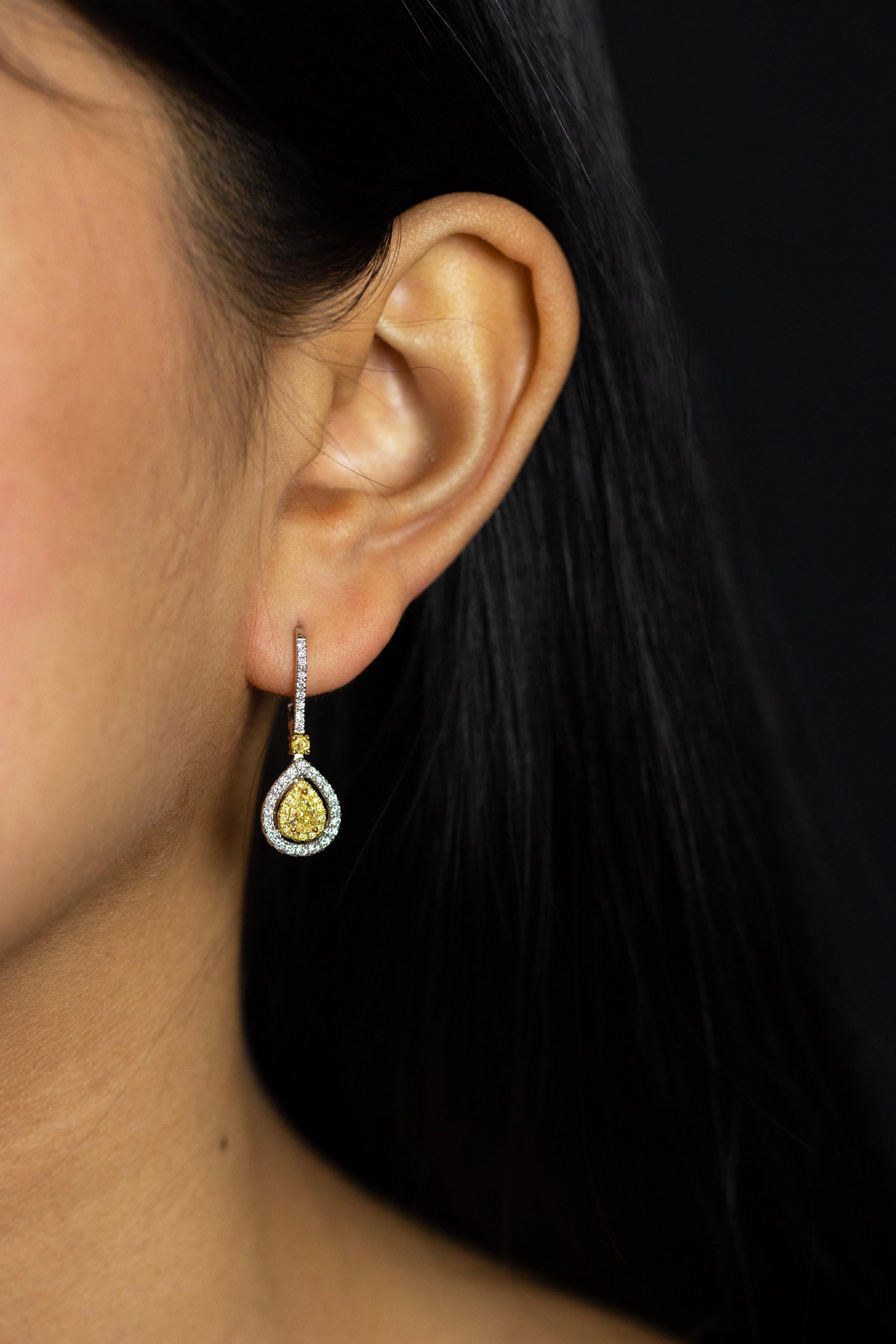 Pear Cut Roman Malakov 0.84 Carats Total Pear Shape Fancy Yellow Diamond Dangle Earrings For Sale