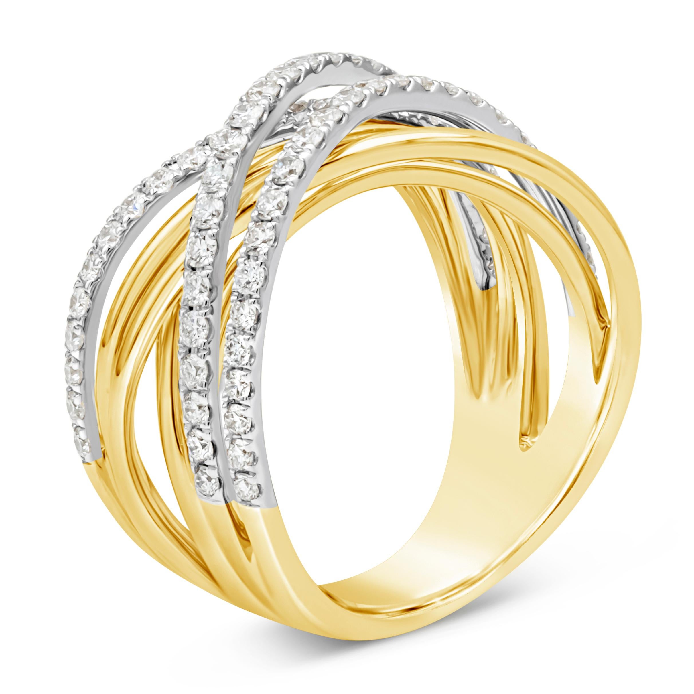 A appealing fashion ring showcasing a six row entwined galaxy ring. Embellished with brilliant round diamonds weighing 0.84 carats total, F-G color and VS-Si in clarity. Made in 18K White and Yellow Gold, Size 6.5 US 

Style available in different