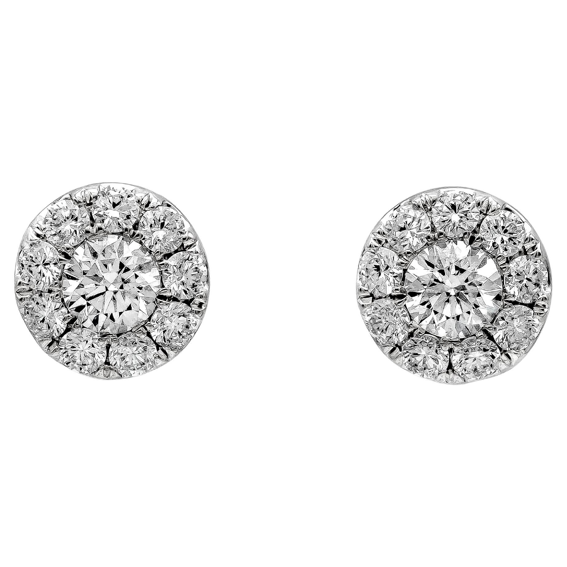 Roman Malakov, 0.85 Carat Total Round Diamond Cluster Stud Earrings For Sale