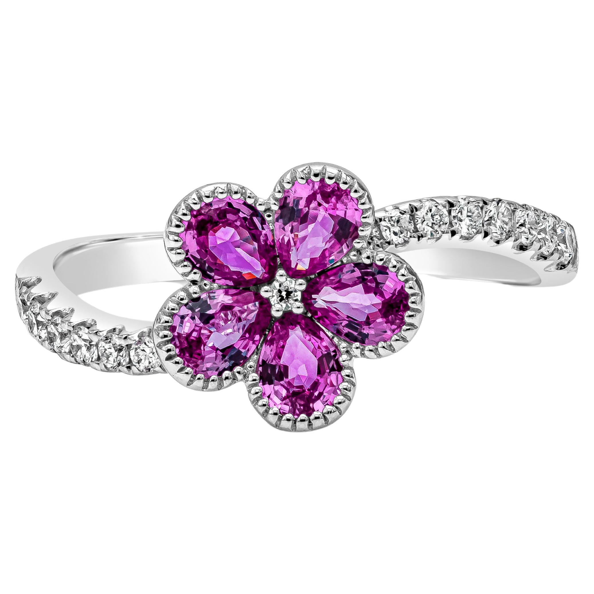 Roman Malakov 0.86 Carats Total Pear Shape Pink Sapphire Flower Fashion Ring