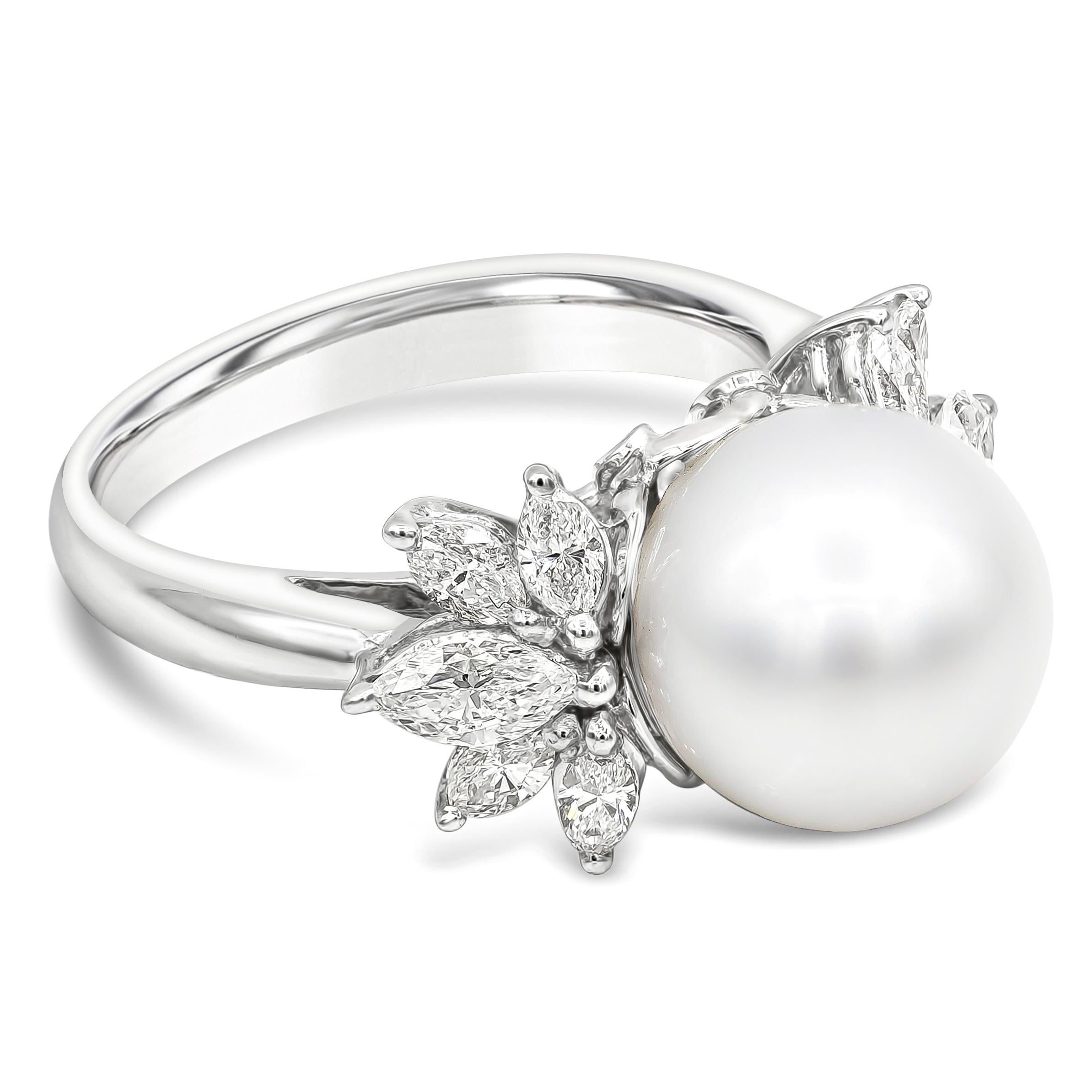 A beautiful and rare style of cocktail ring showcasing a vibrant pearl accented with 10 marquise cut diamonds weighing 0.87 carats total. Set in 18k white gold setting. Size 6.75 US resizable upon request.

Roman Malakov is a custom house,