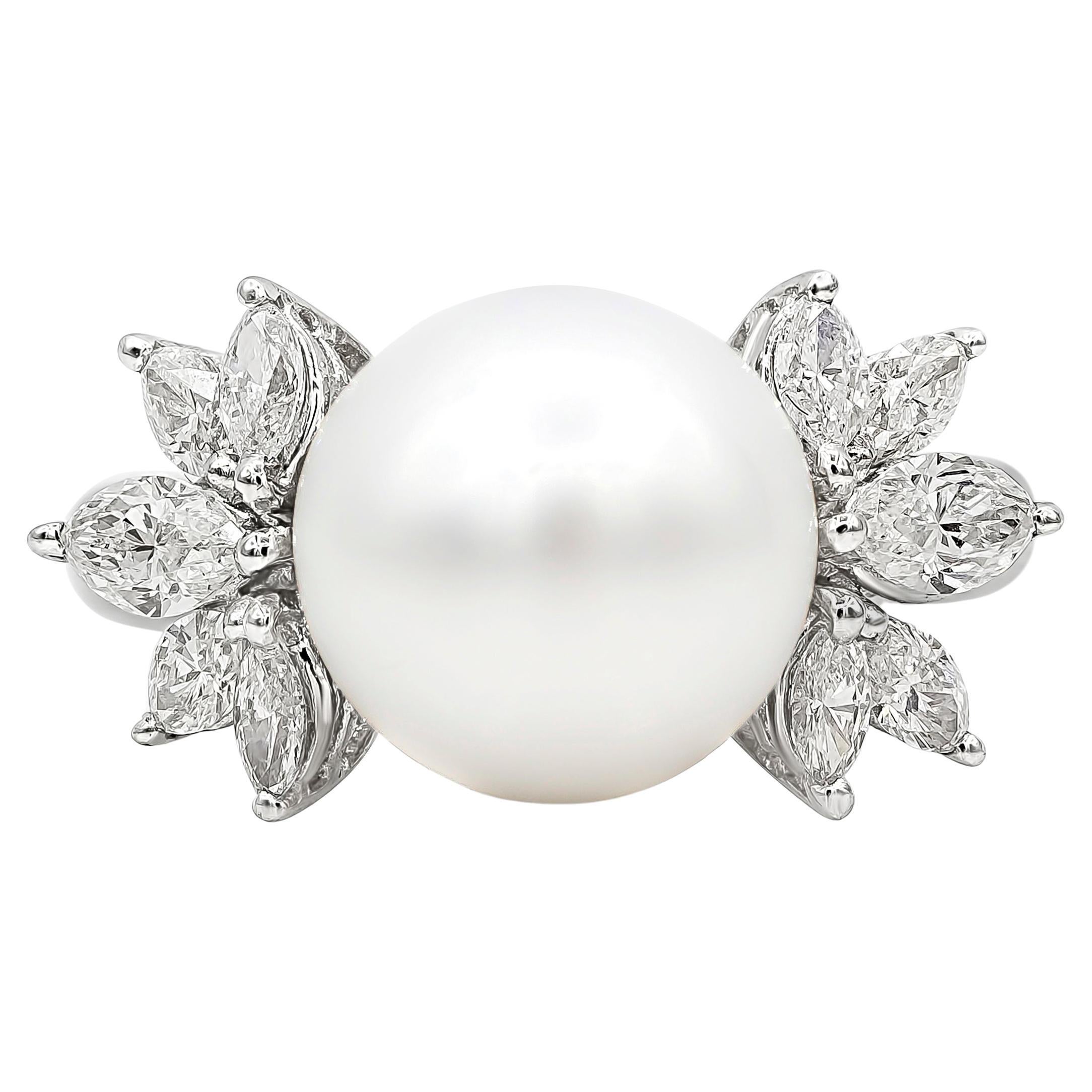 Roman Malakov 0.87 Carats Pearl and Marquise Cut Diamond Cocktail Fashion Ring For Sale