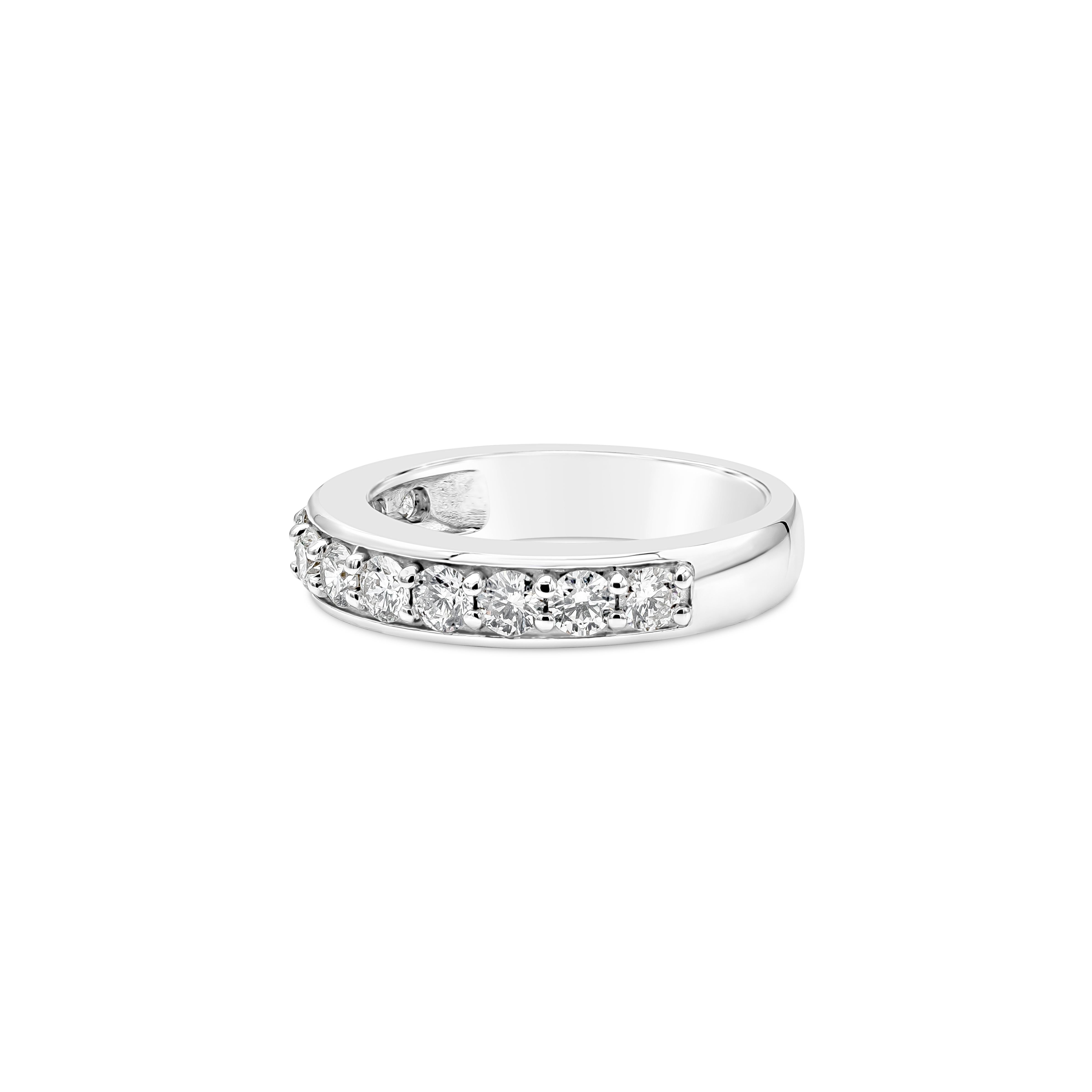 A fascinating half eternity wedding band features brilliant round diamonds weighing 0.92 carats total. Set in a shared two prong composition. Made in 14K White Gold, Size 6.75 US

Style available in different price ranges. Prices are based on your