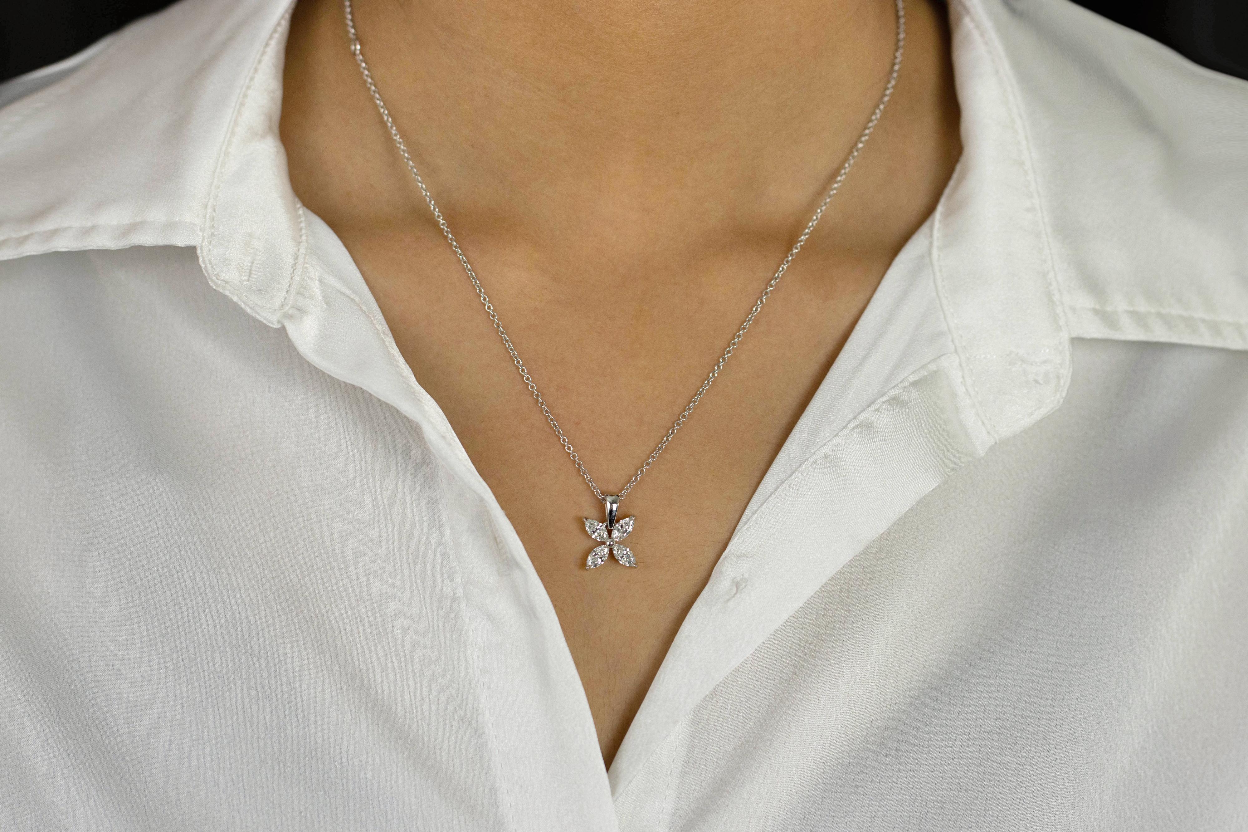Marquise Cut Roman Malakov 0.92 Carat Total Marquise Diamond Floral Motif Pendant Necklace  For Sale