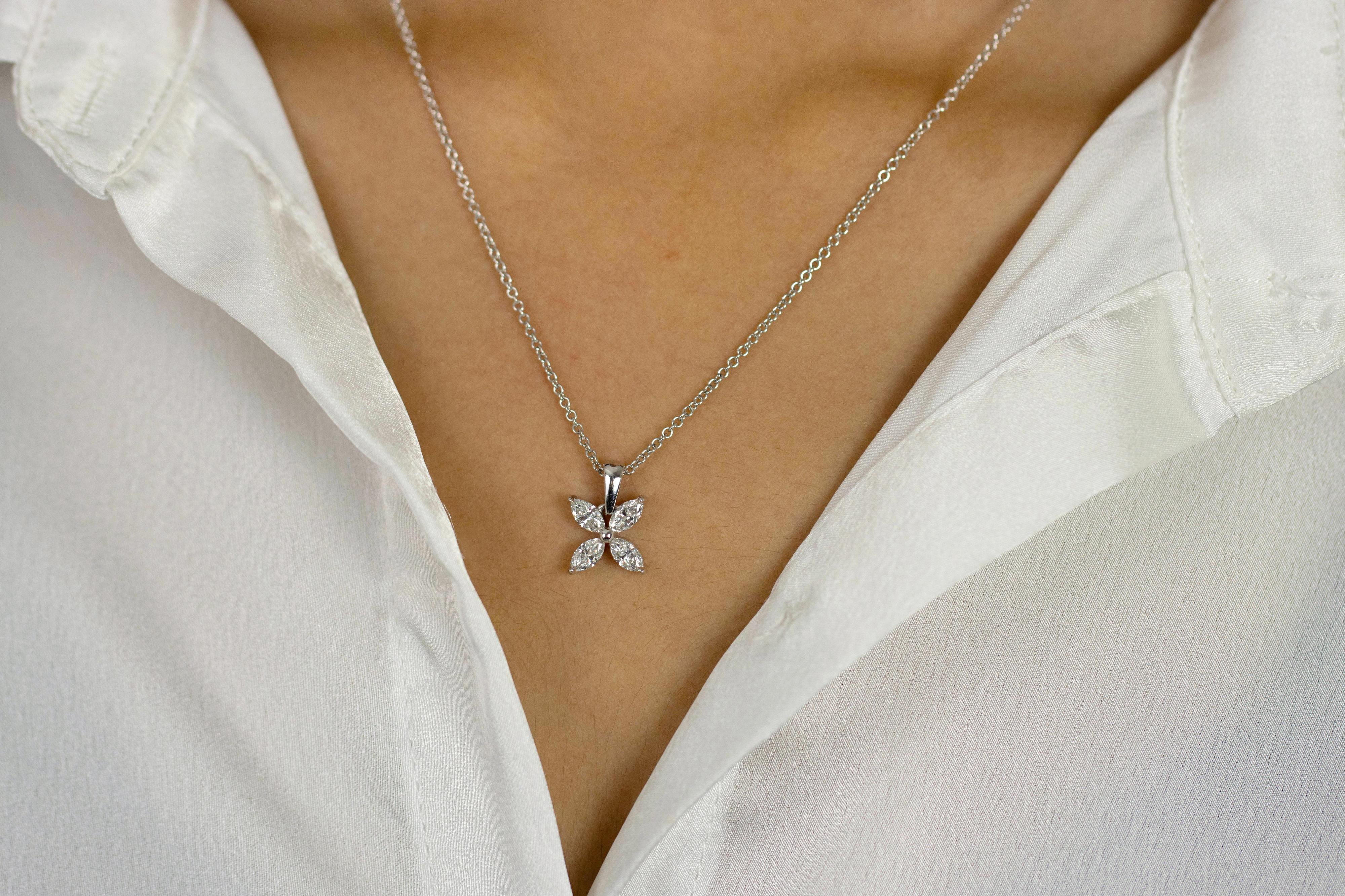 Women's Roman Malakov 0.92 Carat Total Marquise Diamond Floral Motif Pendant Necklace  For Sale