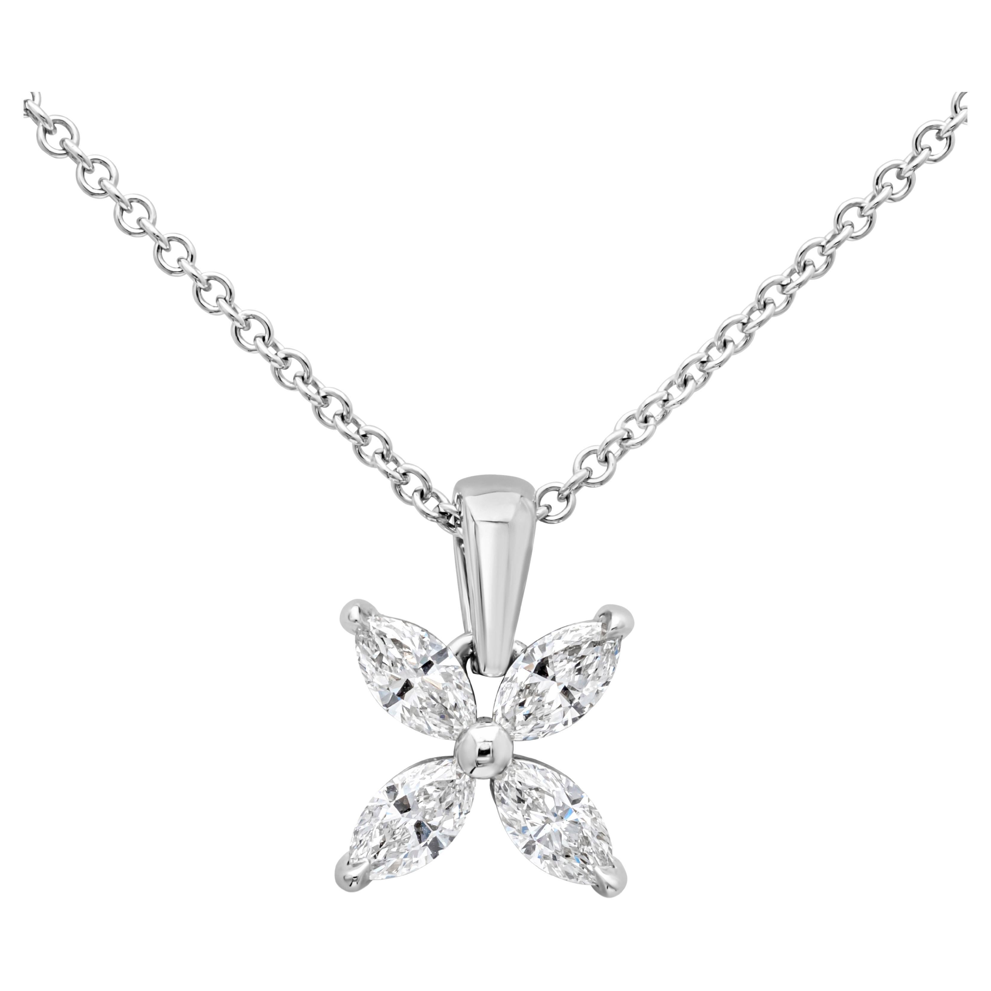 Roman Malakov 0.92 Carat Total Marquise Diamond Floral Motif Pendant Necklace  For Sale