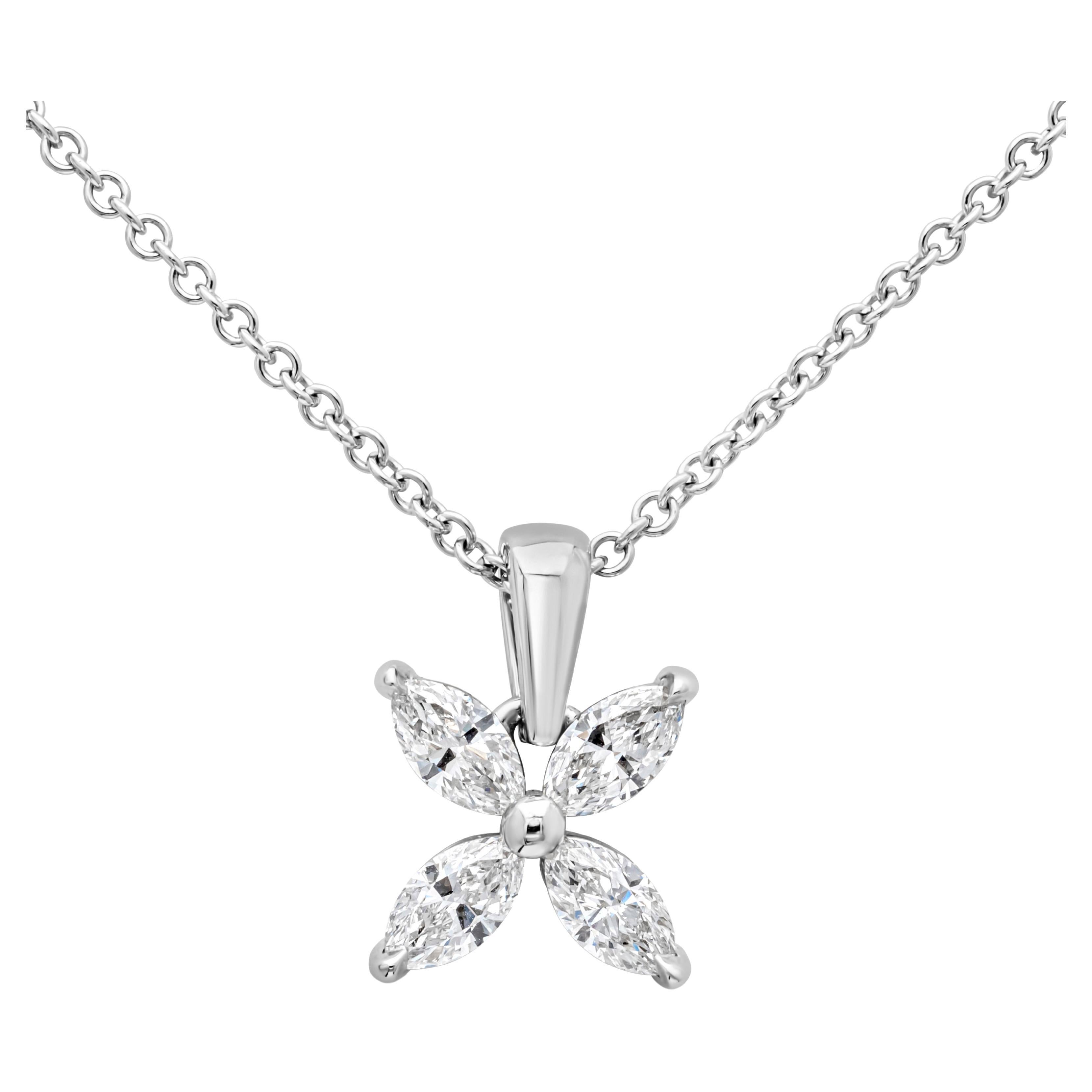 Roman Malakov 0.92 Carat Total Marquise Cut Diamond Floral Pendant Necklace