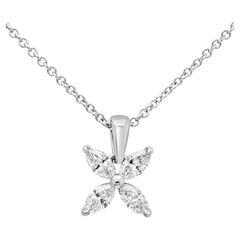 Roman Malakov 0.92 Carat Total Marquise Diamond Floral Motif Pendant Necklace 