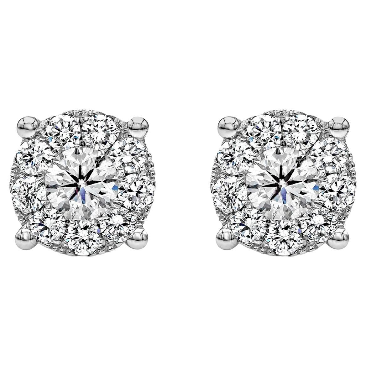 Roman Malakov 0.93 Carat Round Diamond Cluster Stud Earring For Sale