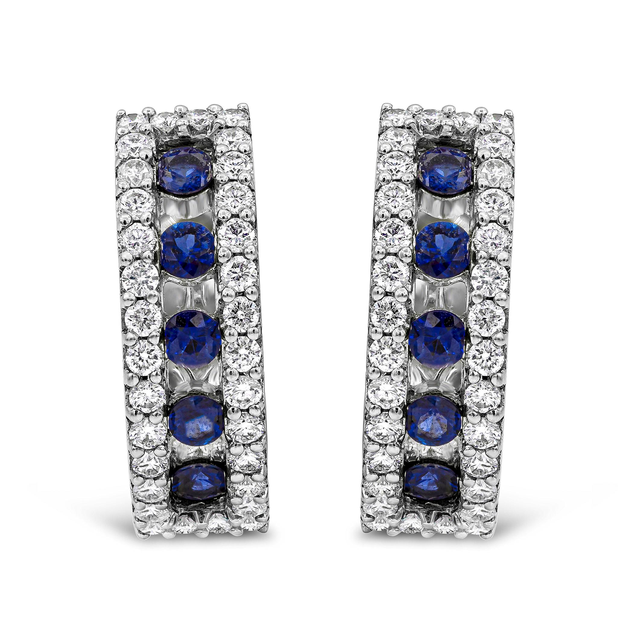 Contemporary Roman Malakov 0.93 Carats Total Round Blue Sapphire and Diamond Hoop Earrings For Sale