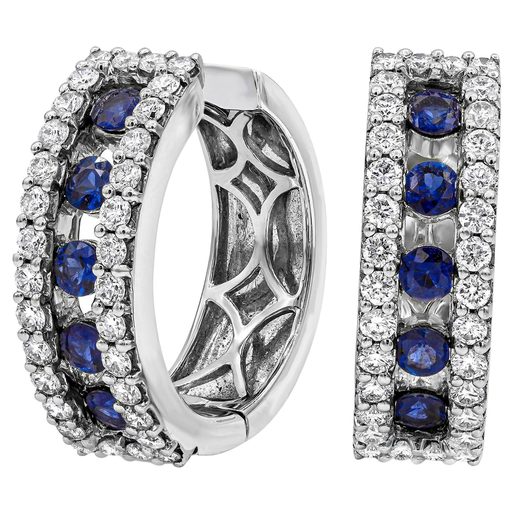 Roman Malakov 0.93 Carats Total Round Blue Sapphire and Diamond Hoop Earrings For Sale