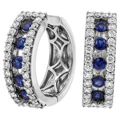 Roman Malakov 0.93 Carats Total Round Blue Sapphire and Diamond Hoop Earrings
