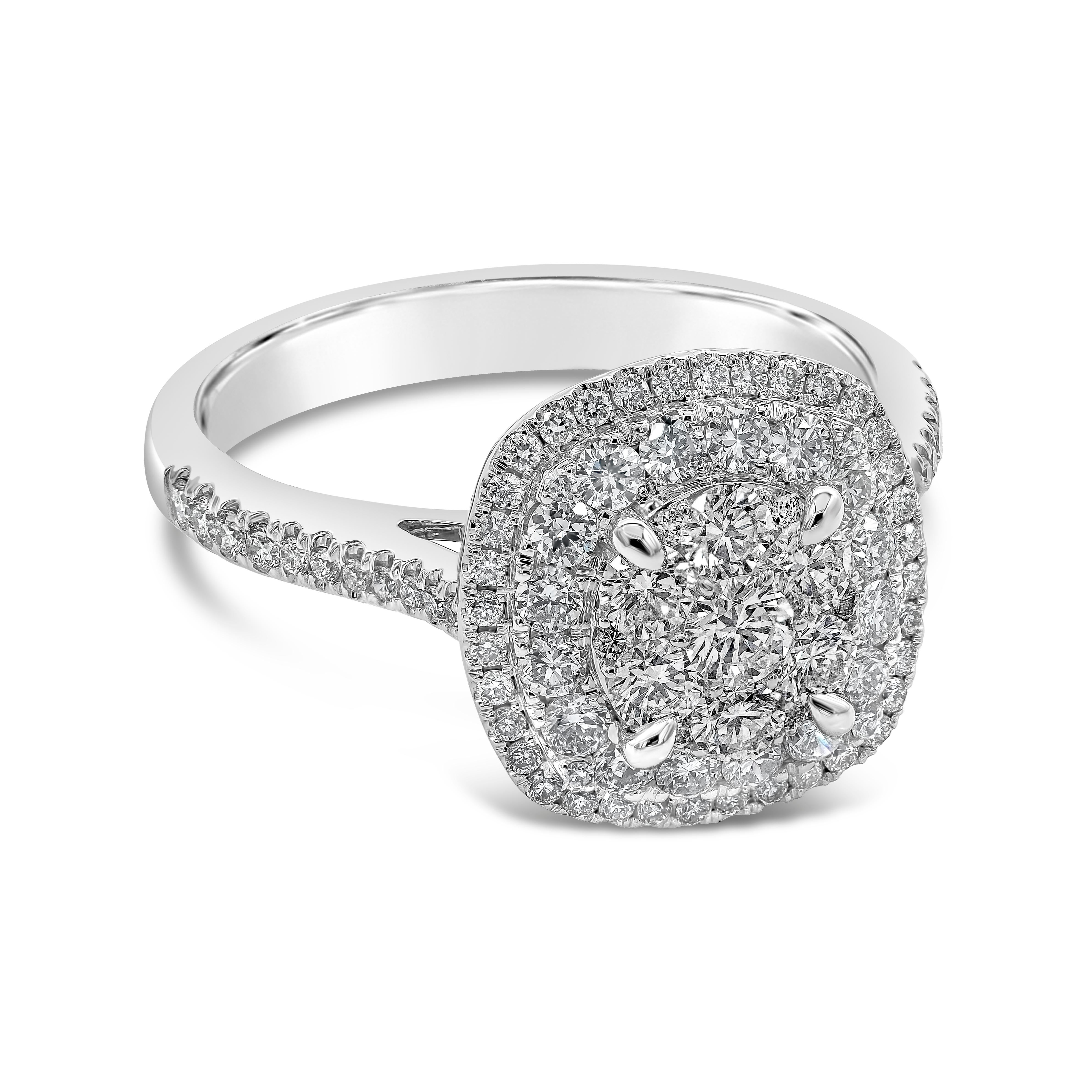A budget-friendly engagement ring showcasing a cluster of round brilliant diamonds, set in a halo design setting made in 14k white gold. Diamonds weigh 0.94 carats and are approximately G-H color, VS-SI clarity. 

Style available in different price