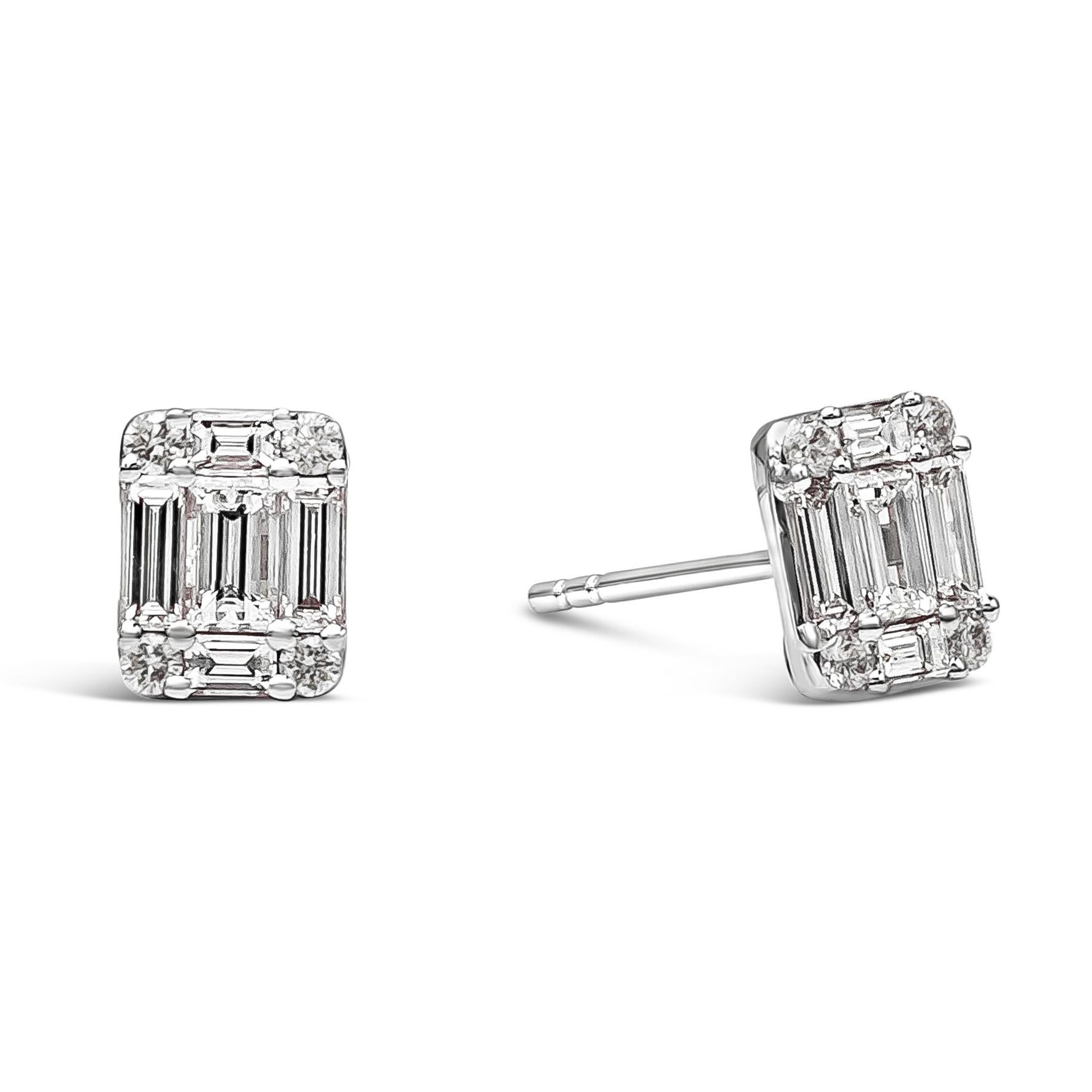 A beautiful illusion stud earrings, showcasing a cluster of baguette and round diamonds, set in an emerald cut design. Diamonds weigh 0.94 carats total with F color and VS clarity. Made with 18K white gold.

Roman Malakov is a custom house,