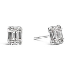 Roman Malakov 0.94 Carat Total Baguette and Round Diamond Illusion Stud Earrings