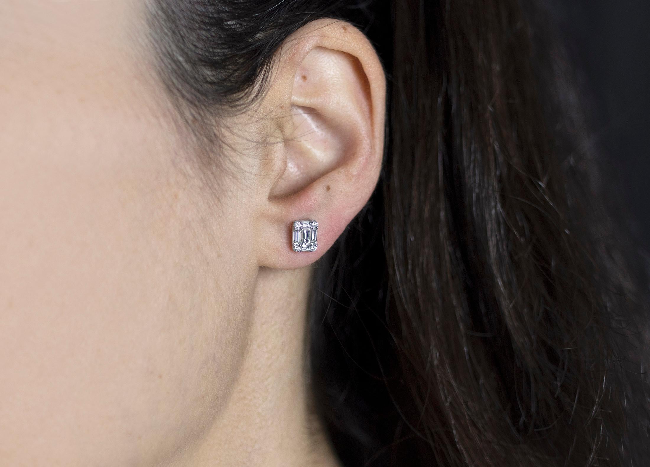 Contemporain Roman Malakov, clous d'oreilles illusion avec diamants baguettes et ronds de 0,94 carat au total en vente