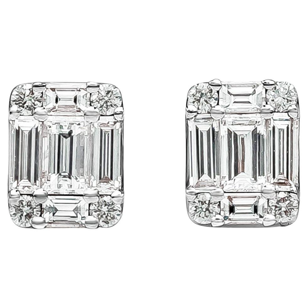 Roman Malakov 0.94 Carat Total Baguette and Round Diamond Illusion Stud Earrings For Sale