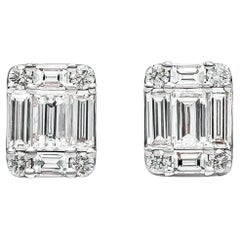 Roman Malakov 0.94 Carat Total Baguette and Round Diamond Illusion Stud Earrings