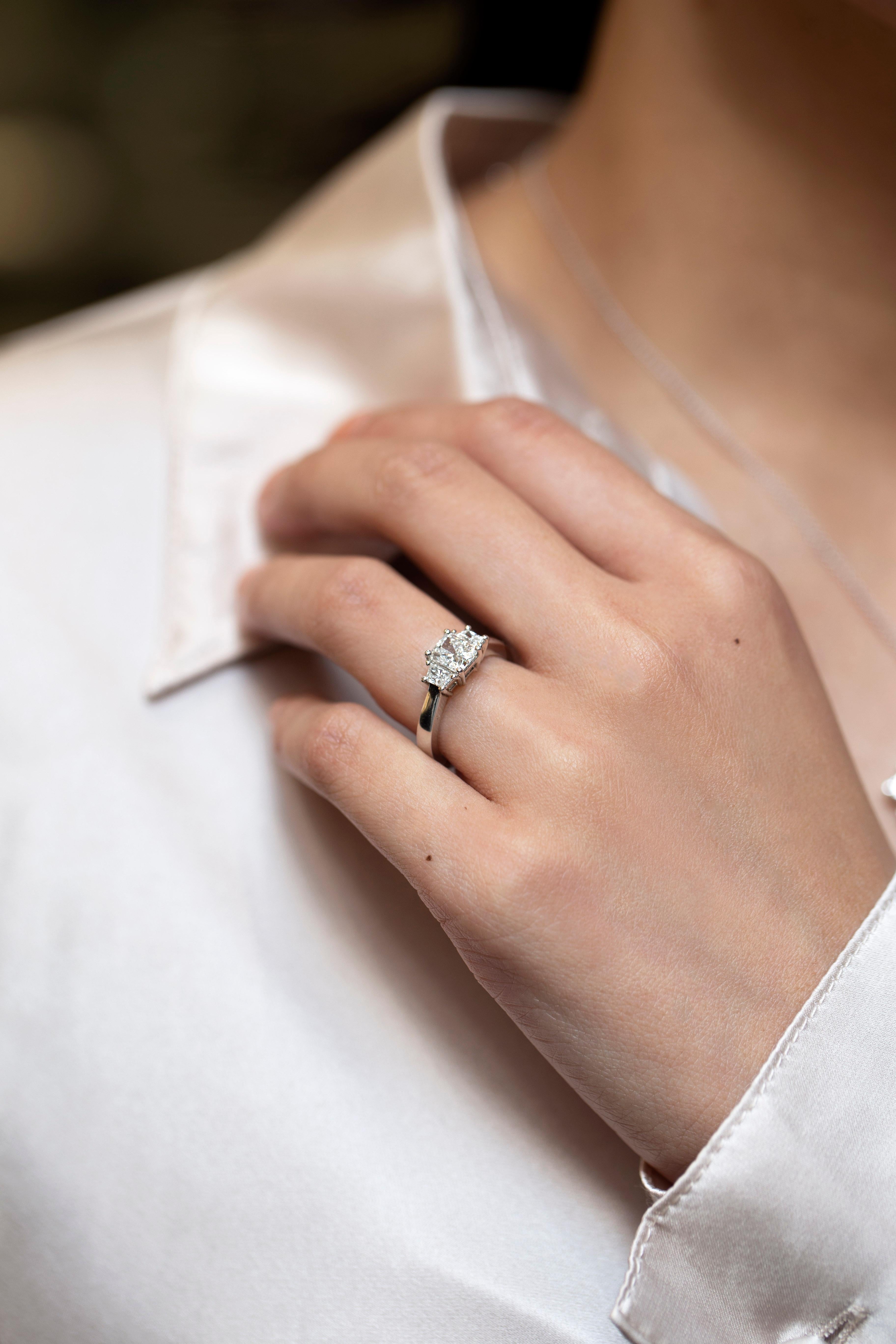 Women's Roman Malakov 1.00 Carats Radiant Cut Diamond Three-Stone Engagement Ring For Sale
