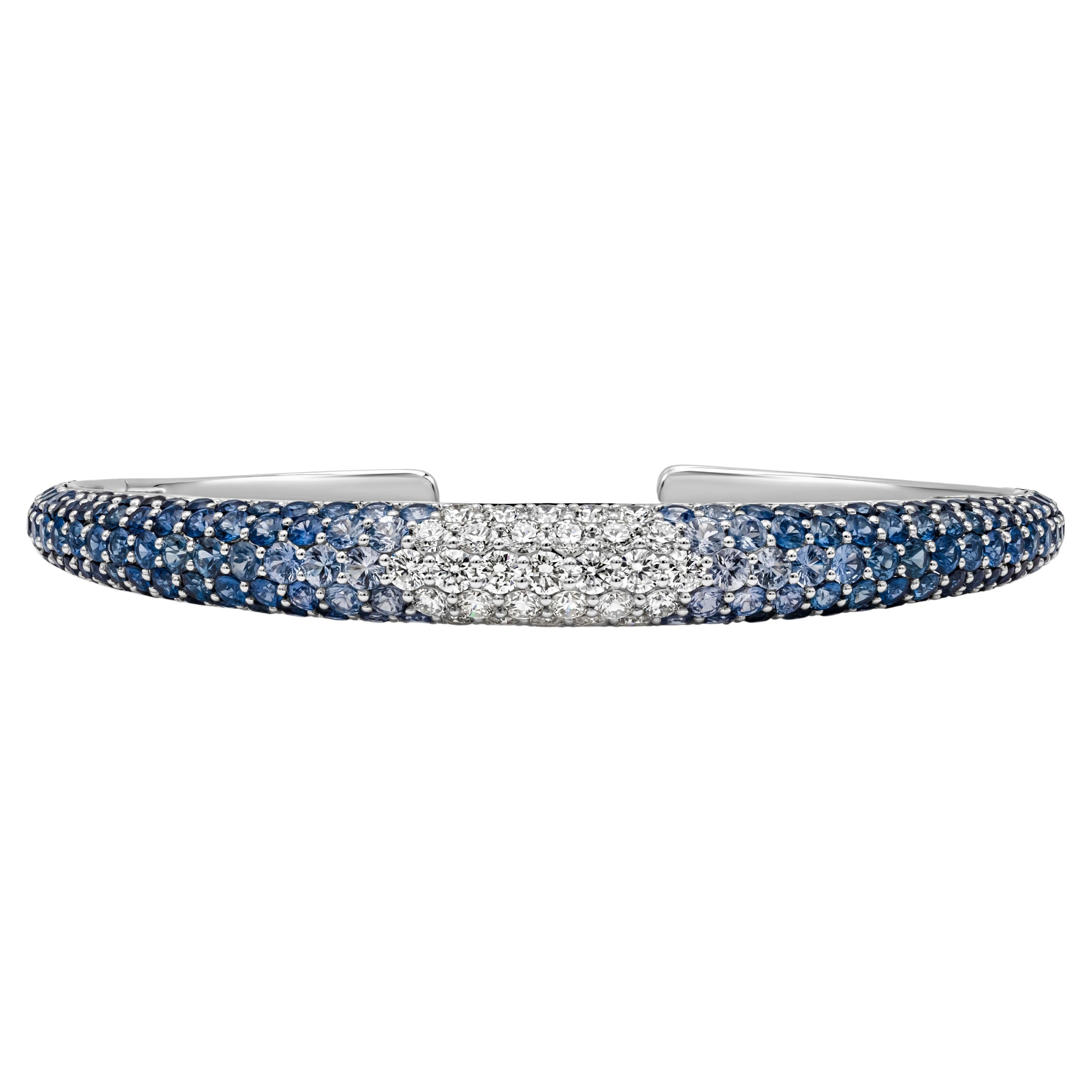 Roman Malakov 10.05 Carats Round Cut Sapphire & Diamond 18K Cuff Bangle Bracelet For Sale